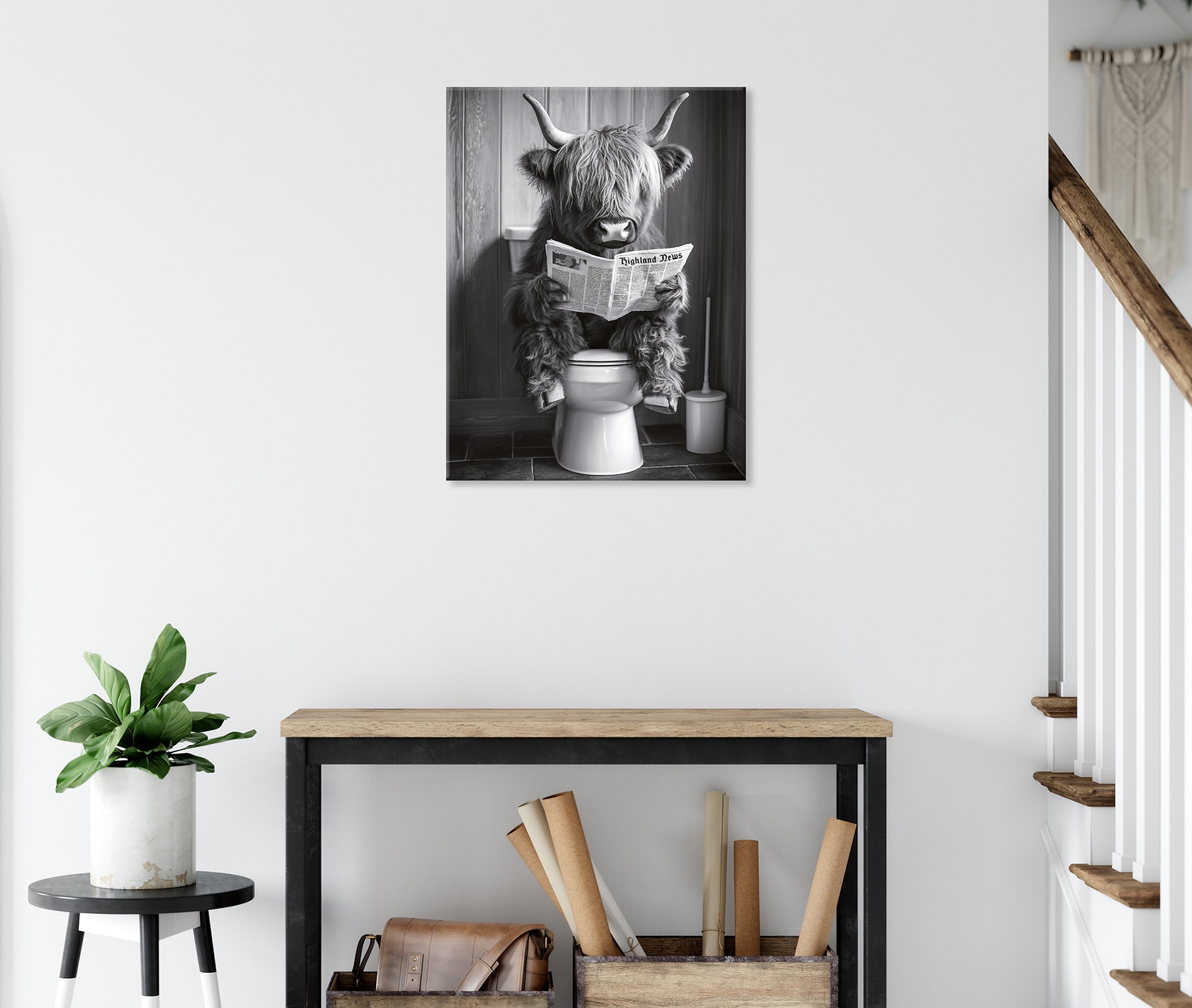 Bönninghoff Leinwandbild »Wandbild HOCHLANDRIND AUF WC 46x61 cm – Leinwandbild Keilrahmen Deko« Hochlandrind | Humor | Kuh | Kuhbilder | Kühe | Schwarz-Weiß | Tiere 1 Stk. tlg. auf Keilrahmen gespannt