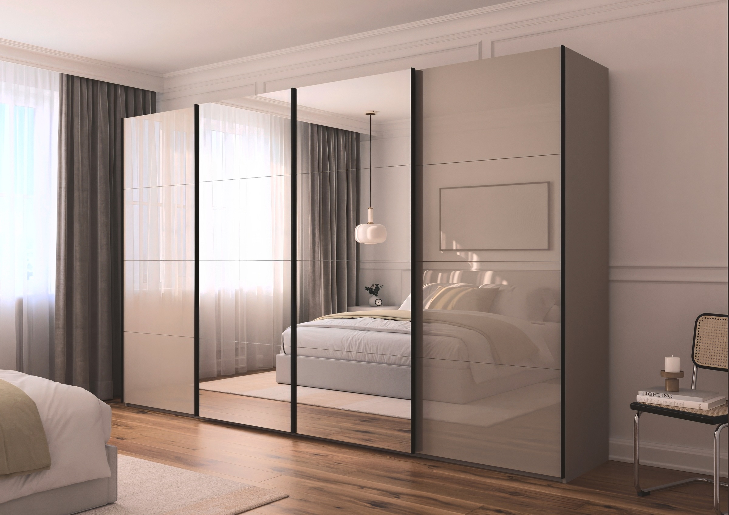 rauch Schwebetürenschrank »Kleiderschrank Schrank Garderobe Schlafzimmerschrank SCALE-FYRA«, edle viergeteilte Türen Spiegel/Glas-Mix viele Farben MADE IN GERMANY