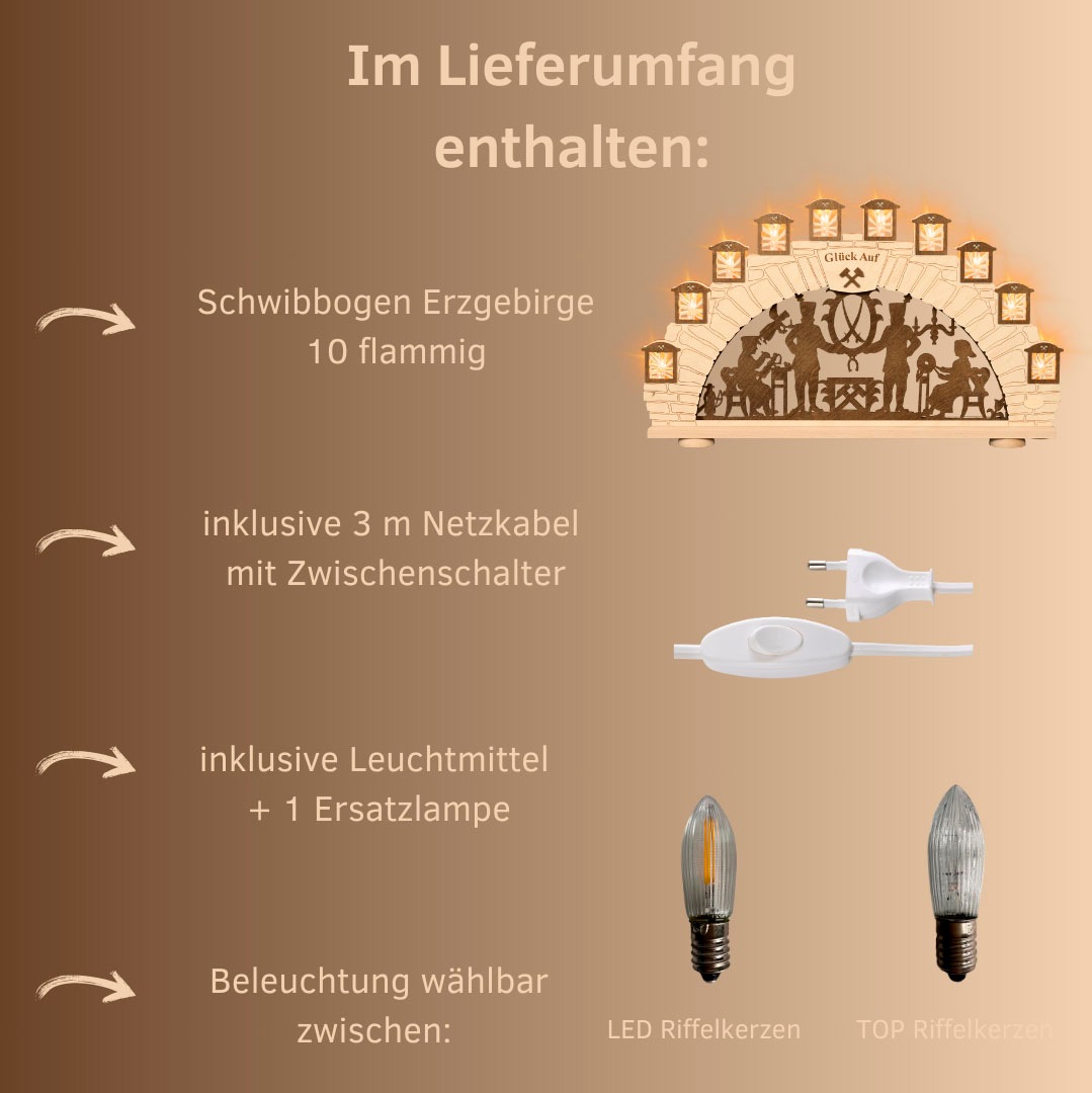 Weigla Schwibbogen »Erzgebirge, Motiv Bergmann, Lichterbogen aus Holz, NATUR-BRAUN,« 1 Stk. Erzgebirge garantiert, Weihnachtsdeko Innen, Weihnachtsbeleuchtung