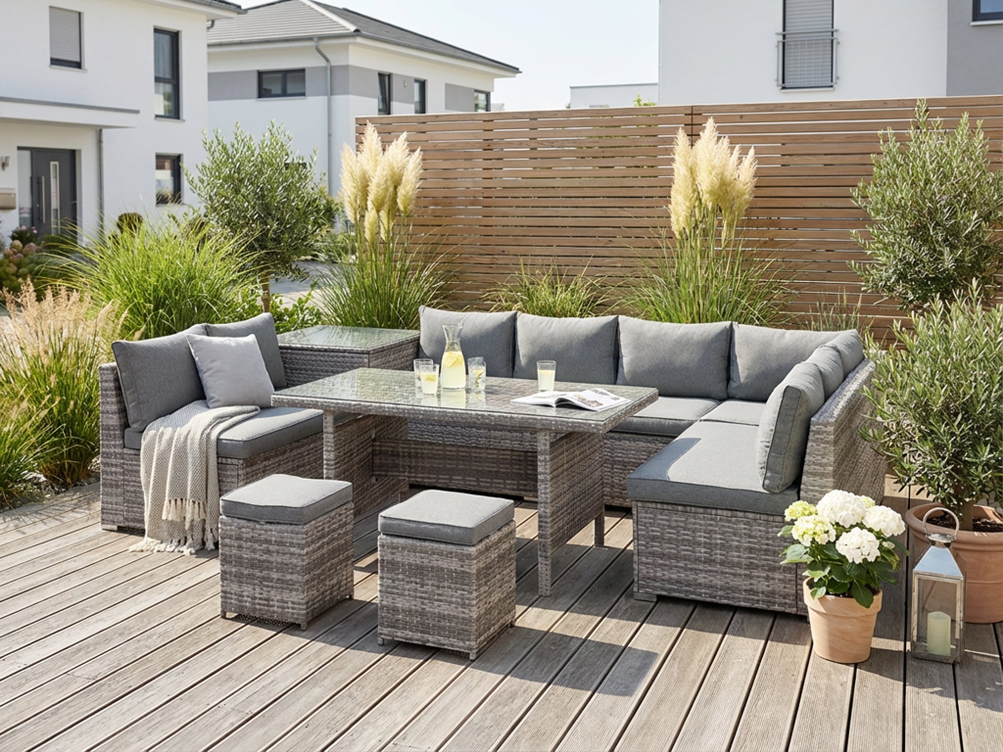 KONIFERA »Kalamos« Set, 3er-Sofa, 2x 2er Sofa, Ecksofa, 2x Hocker, 2x Tisch, inkl. Auflagen, 23 Stk. tlg. Polyrattan, Aluminium, 10 Personen, individuell aufstellbar