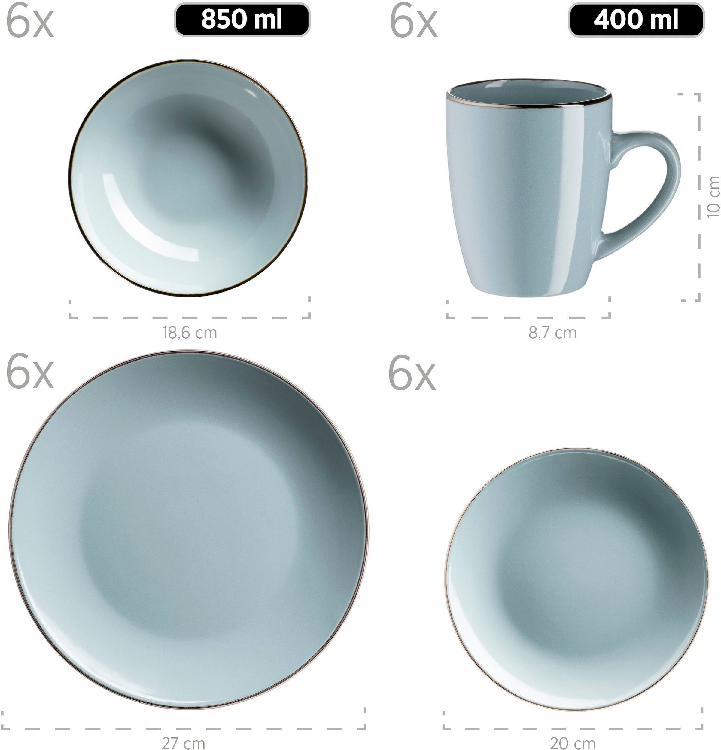MÄSER Kombiservice »Geschirr-Set, Service Metallic Rim«, (Set, 24 tlg.), messingfarben schimernden Umrandung, 24 Teile, für 6 Personen