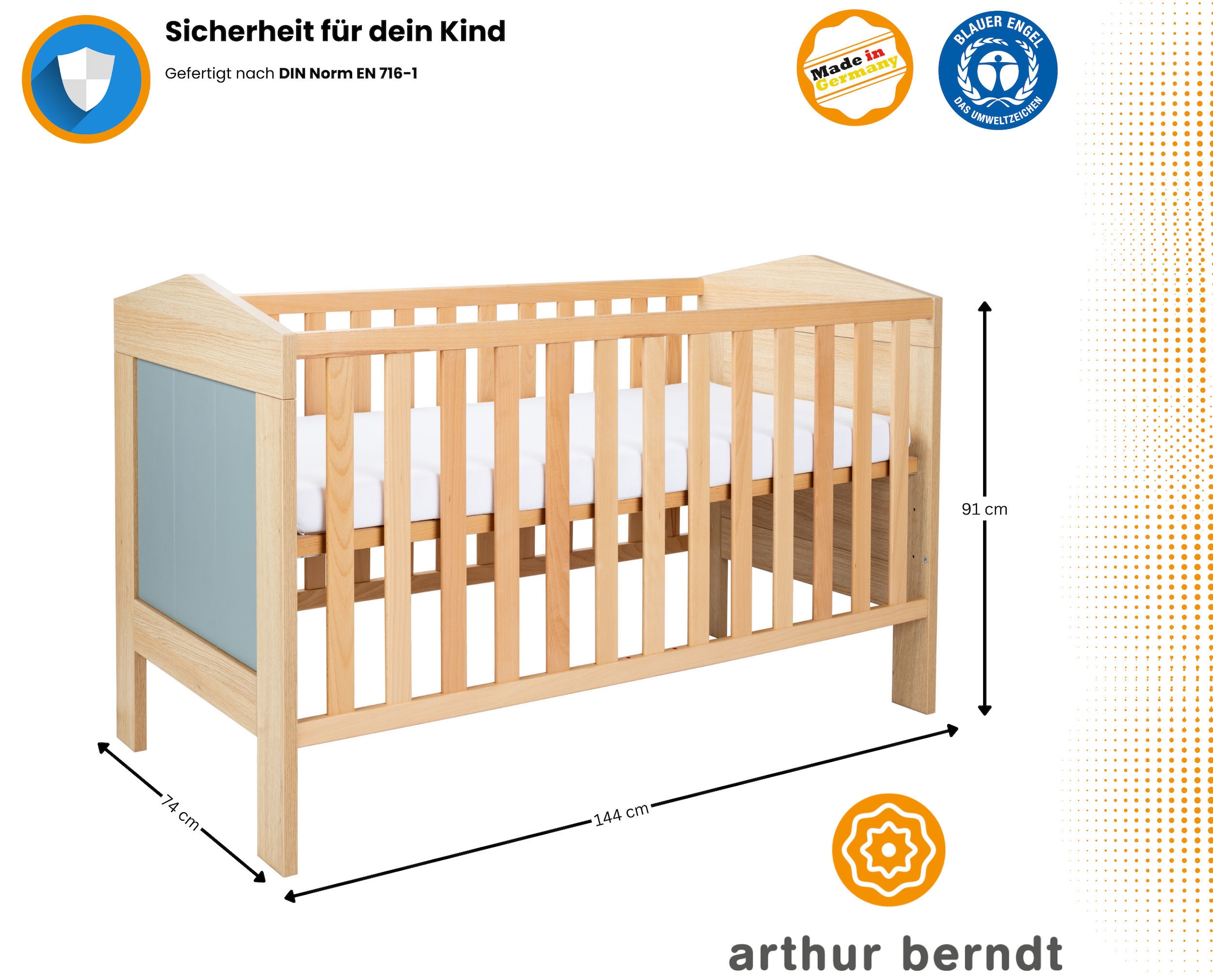 arthur berndt Babyzimmer-Komplettset »Babyzimmer-Set »Roofy« 3-teilig mit 2-türigem Kleiderschrank«, (Set, 3 tlg., Babymöbel-Set »Roofy« Kleiderschrank,Kinderbett+Wickelkommode)