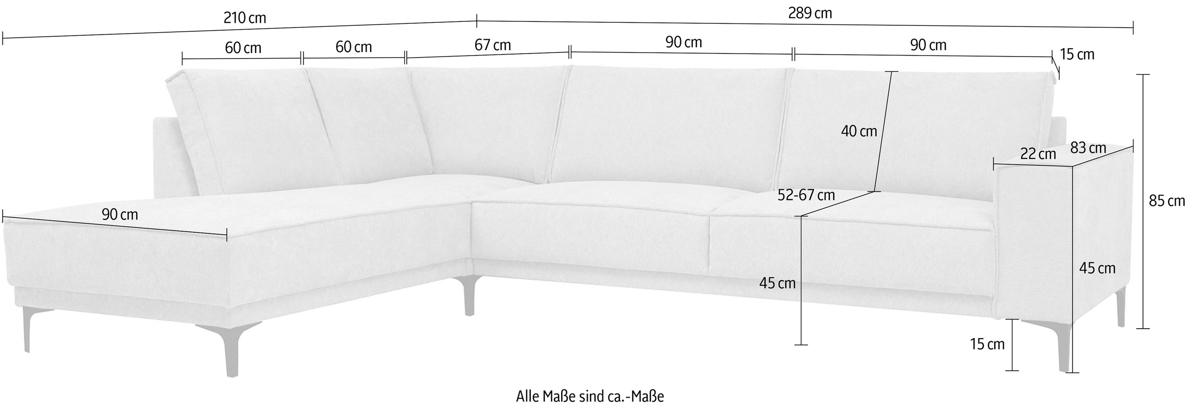 Places of Style Ecksofa »Polsterecke Oland, Struktur, Flachgewebe, Luxus-Microfaser, Boucle«, L-Form, 289 cm, Wellenunterfederung, Skandi-Design, Metallfüße