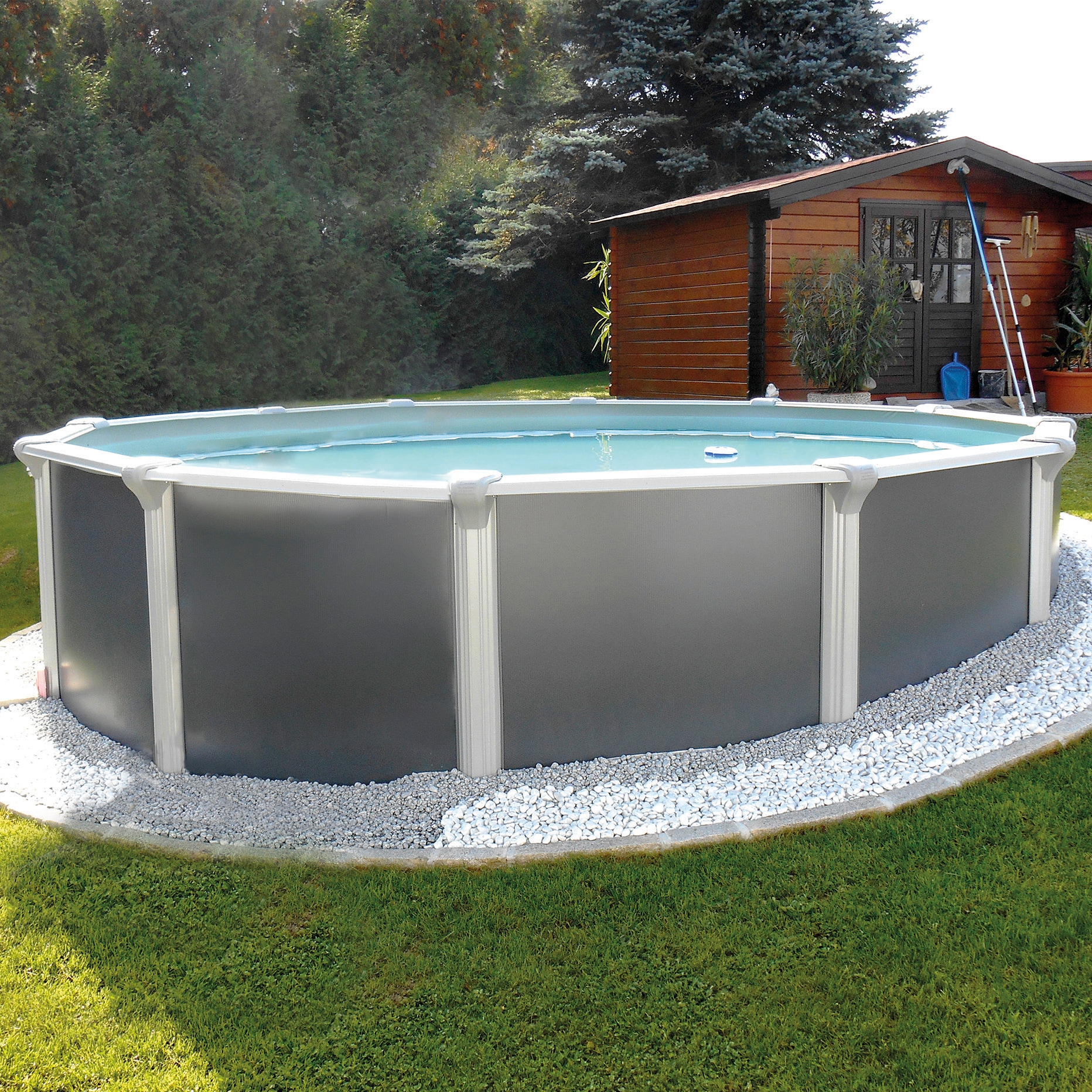 KWAD Rundpool »Steely Supreme Design inkl. Sicherheitsleiter und Zubehör«, (Set, 10 tlg.), 10-tlg., Höhe: 132 cm, inkl. Wasserpflegeset, graue Innenfolie