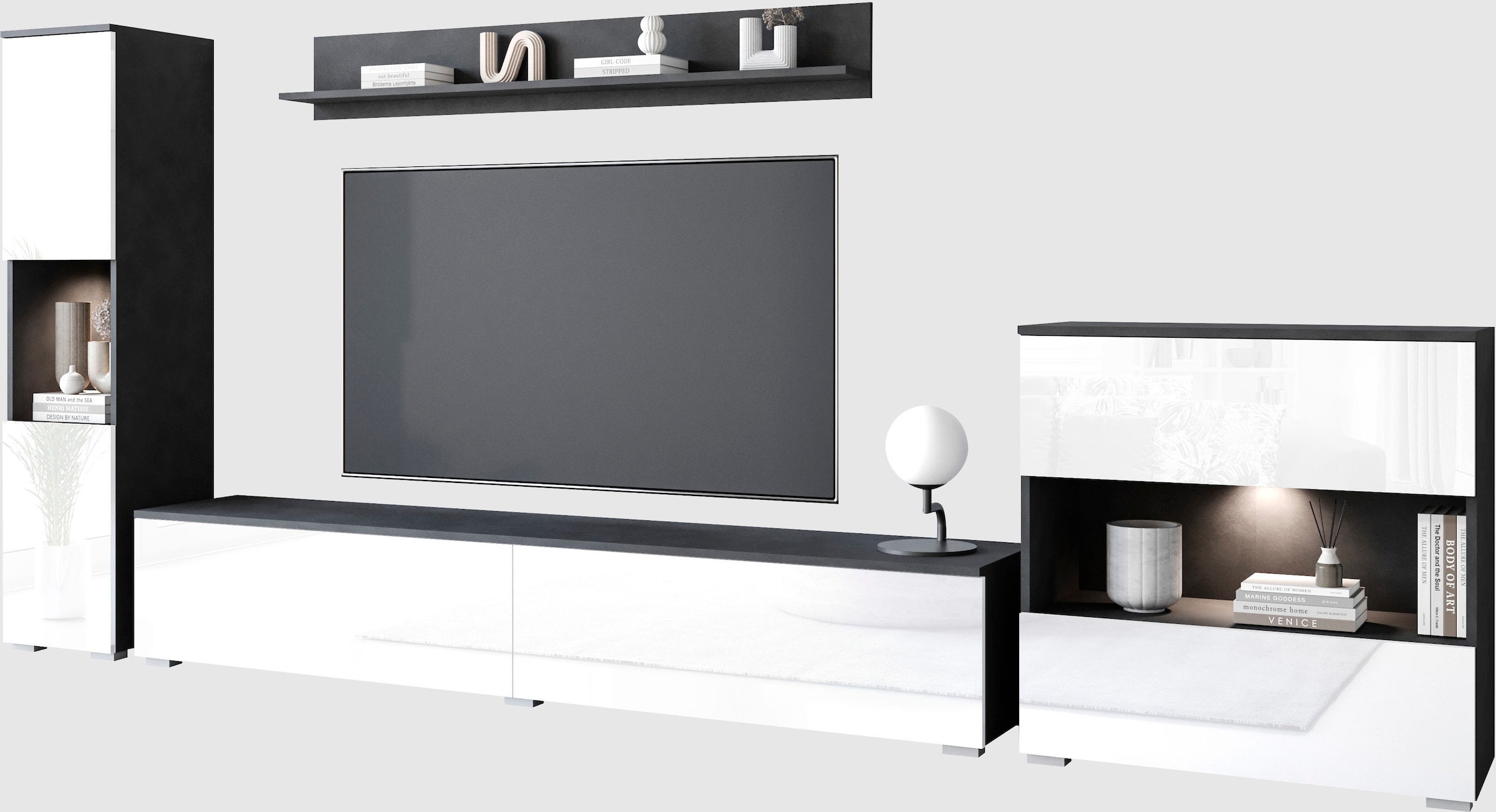 INOSIGN Wohnwand »PARIS«, (Komplett-Set, 4 St.), TV-Wand 300cm breite, grifflose Design, stehend und hängend montierbar