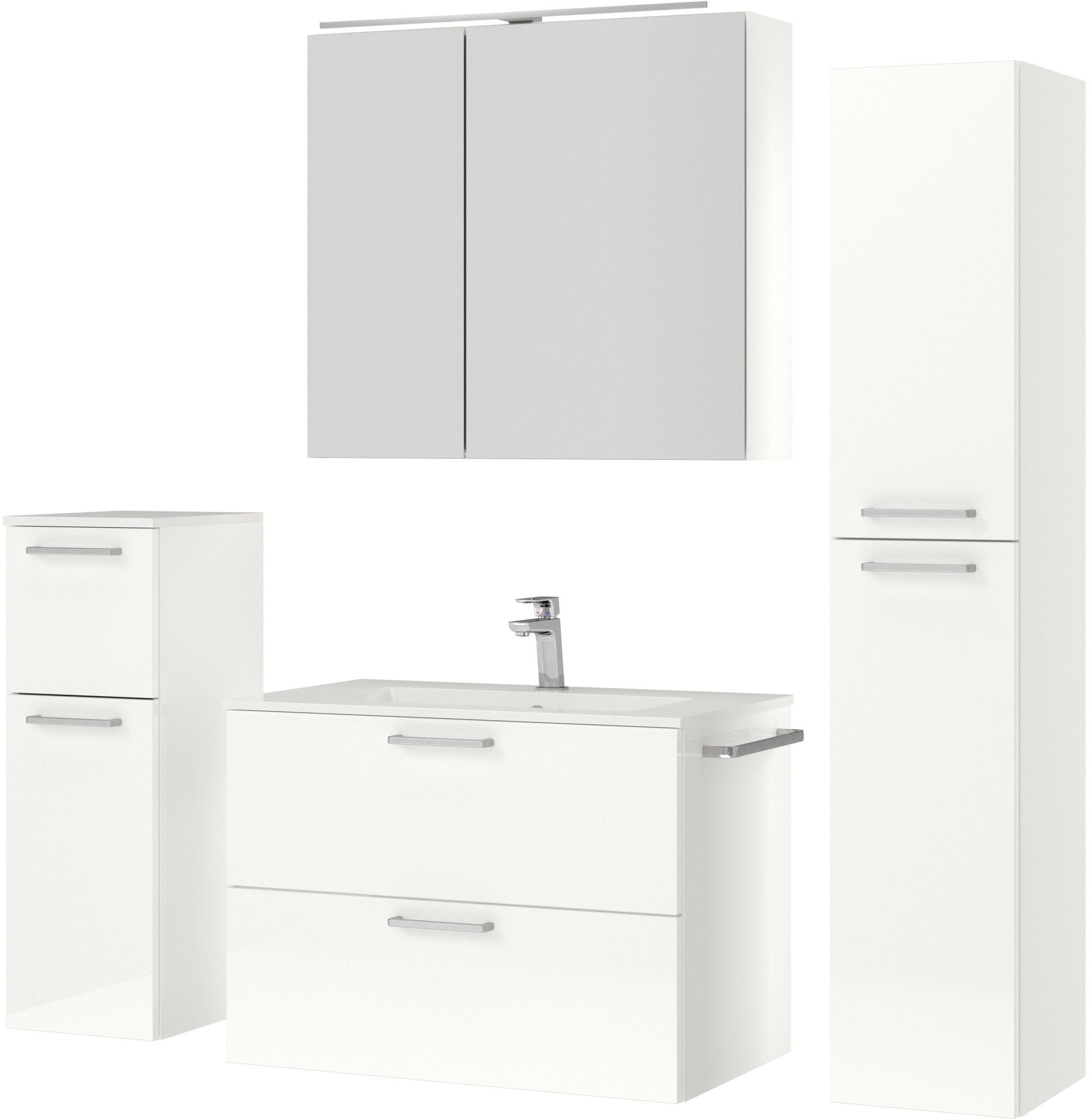 nobilia® Badmöbel-Set »Tolvina«, (4 St., vormontiert, mit Soft-Close), inkl. Spiegelschrank mit Beleuchtung und Dimmerfunktion, in 4 Breiten
