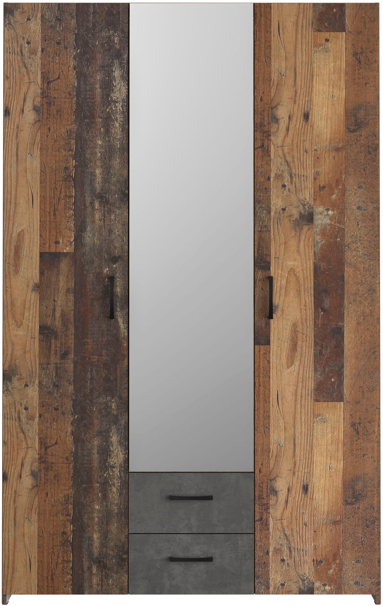 FORTE Kleiderschrank »ECONOBOX, Drehtürenschrank 120cm, mit Spiegel, 2 Schubkästen« B/H/T 119,4/190,5/54,4 cm, Old Wood Vintage/Betonoptik dunkelgrau