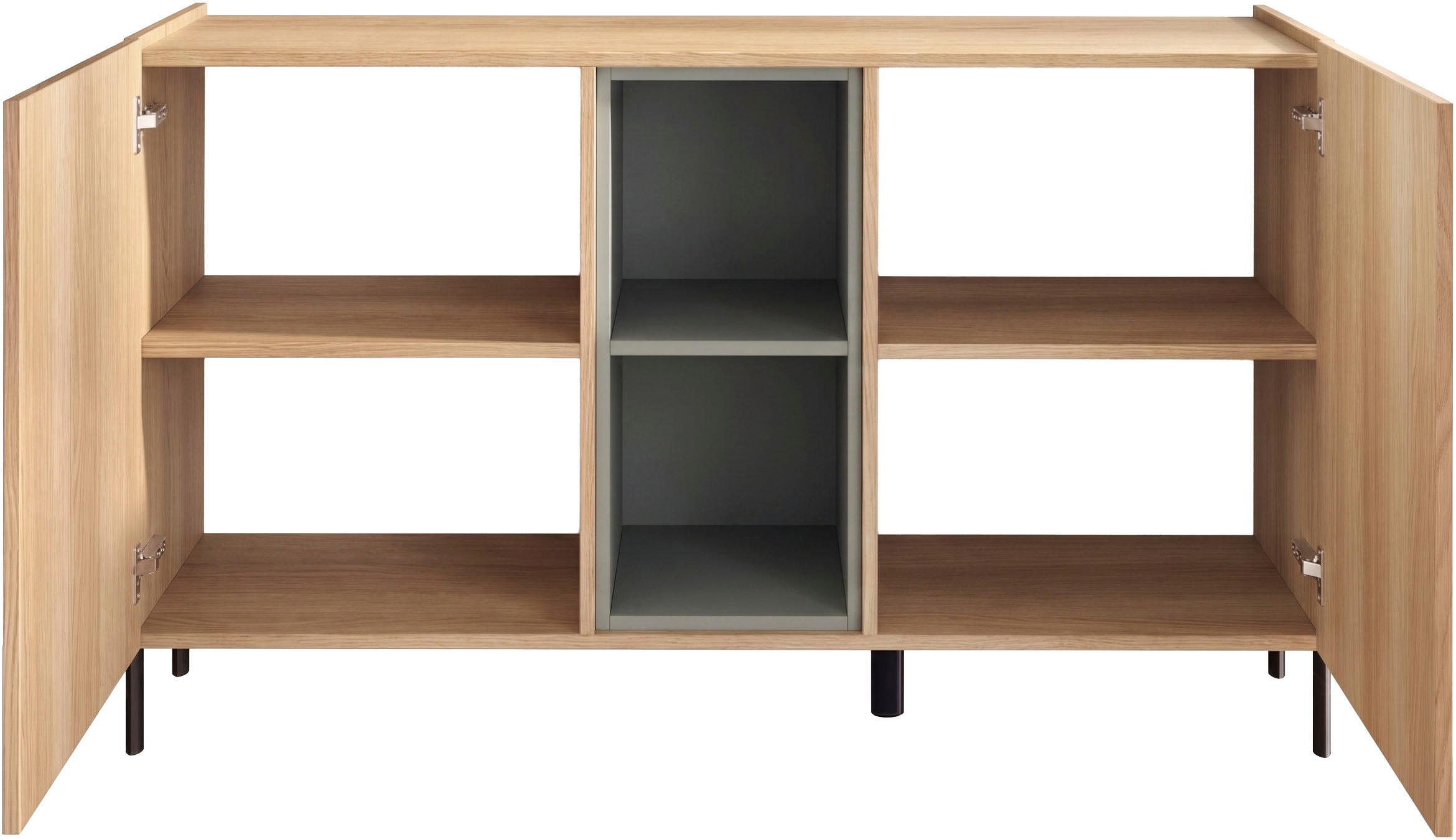 OTTO home Sideboard »Badia, 132 cm breit, 2 Türen, Anrichte, Kommode, Stauraumschrank« Innenliegendes Top, gerade Metallfüße, salbeigrüne Farbakzente