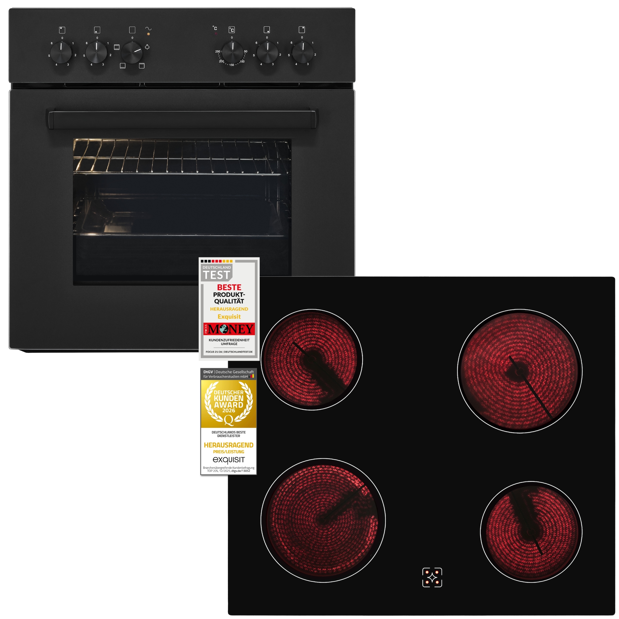 exquisit Backofen-Set »EHE346-120 Set mattschwarz« Backofen | Glaskeramikkochfeld, 2 Stk. tlg. Ober&Unterhitze mit 4-Zonen-Glaskeramikkochfeld – einfach & sicher!