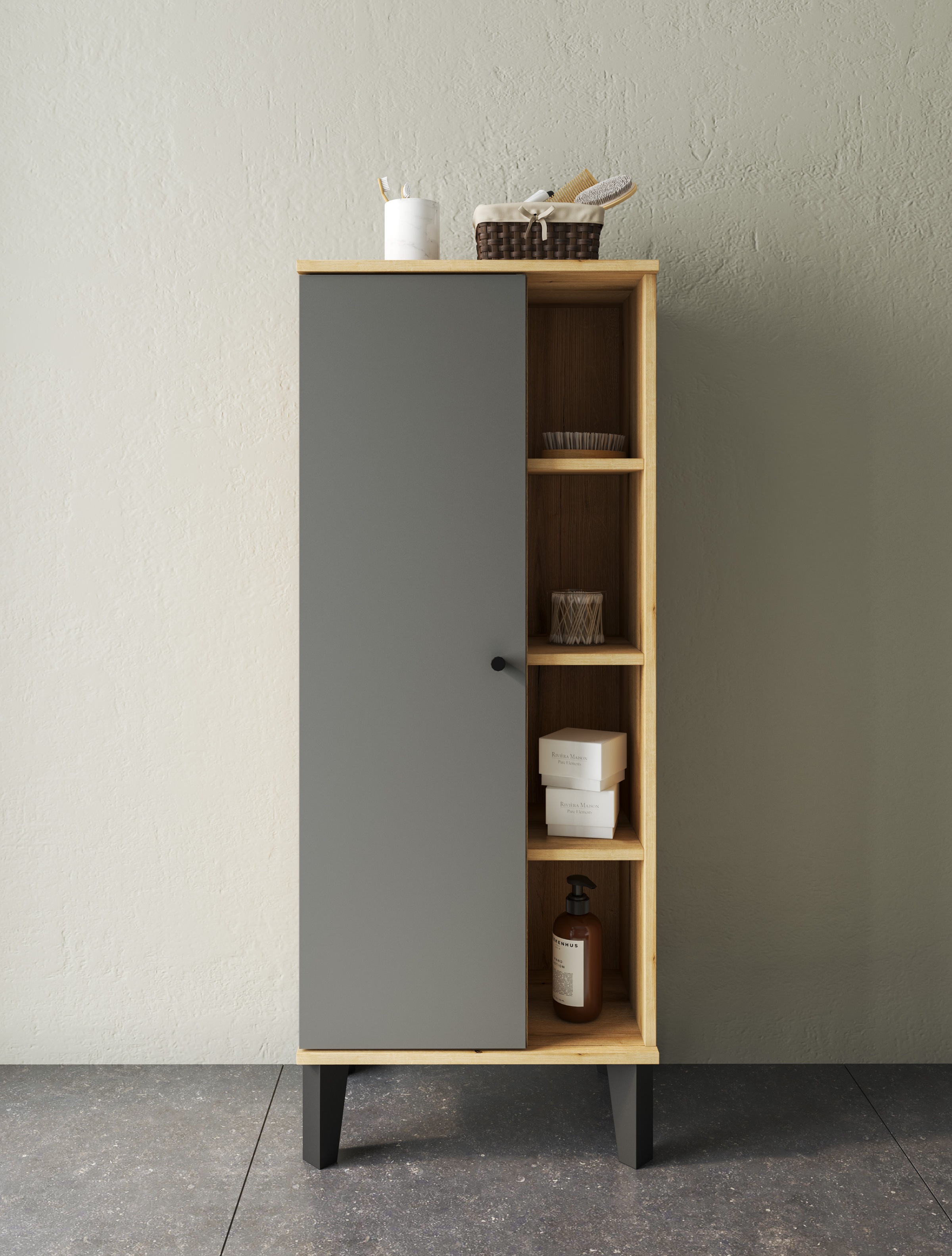INOSIGN Stauraumschrank »Oslo, Badschrank mit Knopfgriff, Hochschrank im skandinavischen Design«, in der Türfarbe Weiß oder Grau verfügbar, ausreichend Stauraum