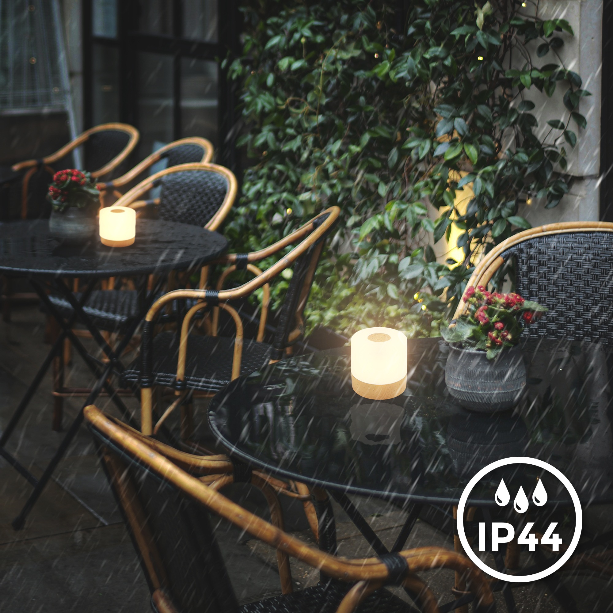 B.K.Licht Außen-Tischleuchte »BK_TL1589 Akku LED Tischlampe, 3-Stufen Touchdimmer, mit USB«, 1 flammig, Leuchtmittel LED-Modul | LED fest integriert, 2.700 K, 150 Lm, 2W, integrierte Batterie, IP44, 7x7 cm, Holzfarben
