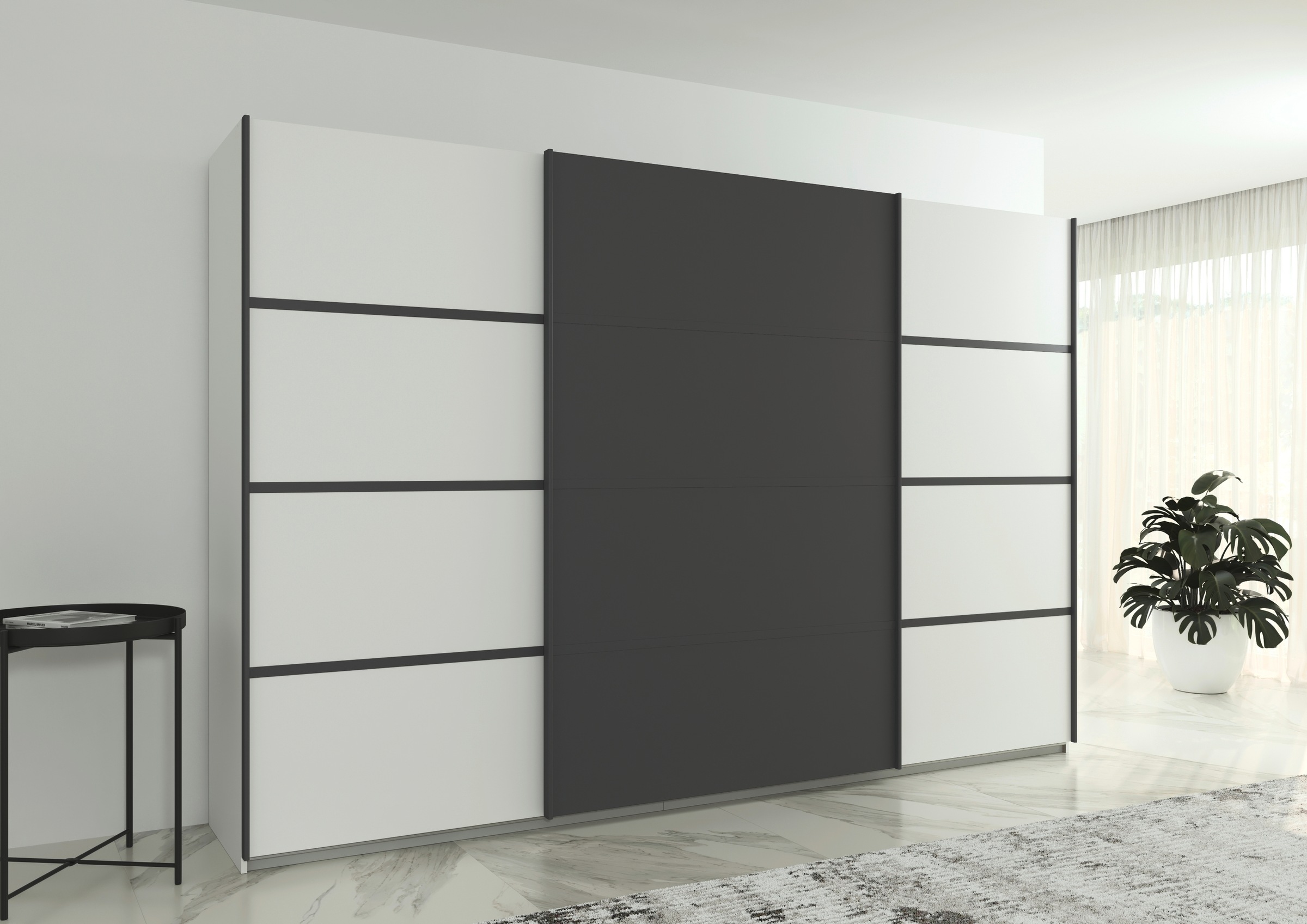 rauch Kleiderschrank »Schwebetürenschrank Garderobe Schrank TOP ANGEBOT Avola«, (in 3 verschiedenen Ausstattungen BASIC/CLASSIC/PREMIUM), mit eleganten Zierleisten in Chrom, Schwarz oder Weiß MADE IN GERMANY
