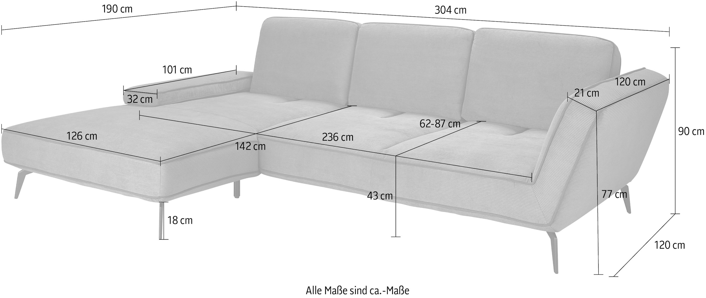 set one by Musterring Ecksofa »SO 4500, Füße schwarz matt, inkl Schwenkrückenfunktion, Cord, L-Form«, wahlweise mit Kopfstütze/Armteilverstellung/Rückenneigung