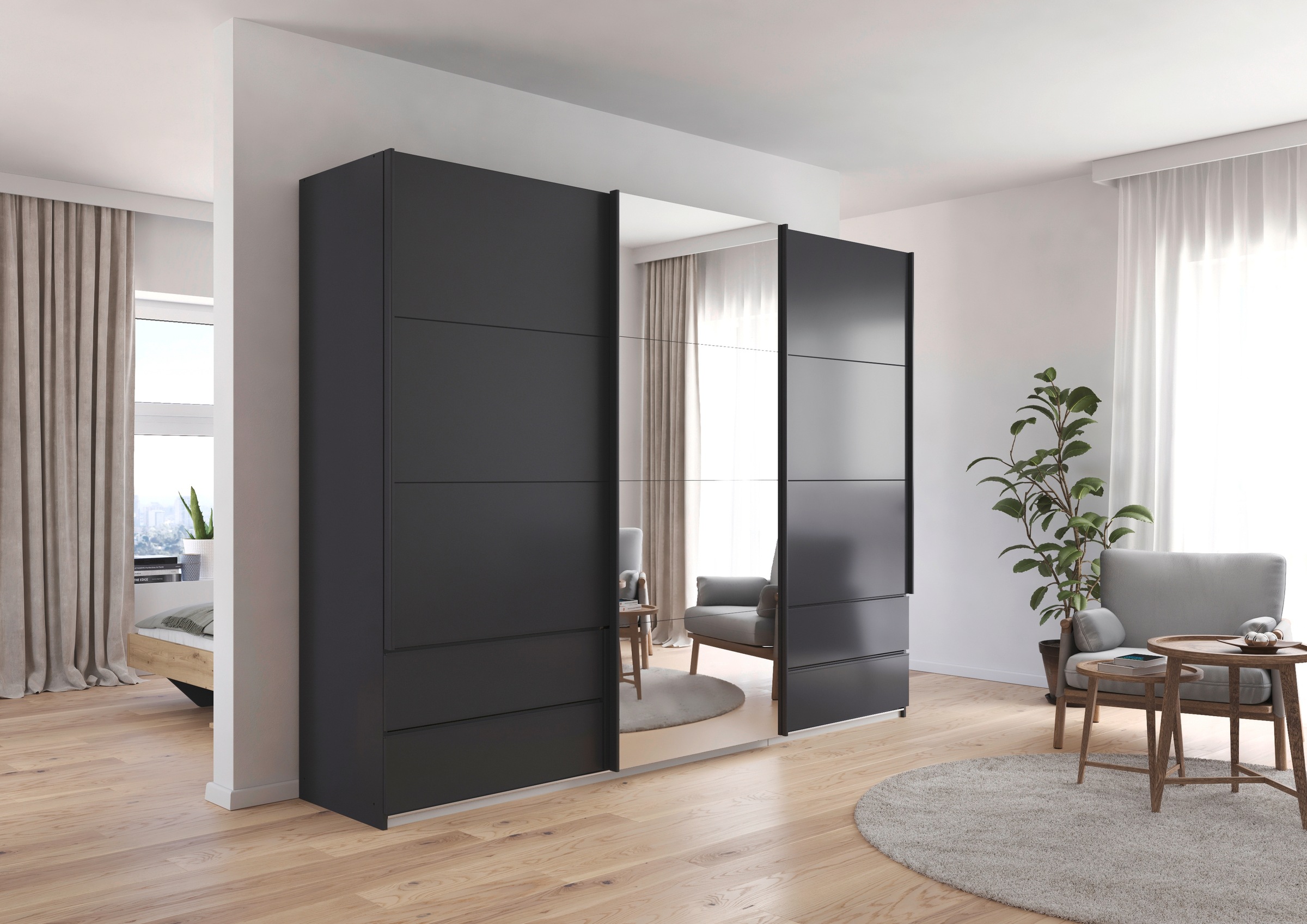 rauch Schwebetürenschrank »Kleiderschrank Schrank Garderobe Wäscheschrank ELARA mit Spiegel«, praktische Schubladen optional farblich abgesetzt MADE IN GERMANY