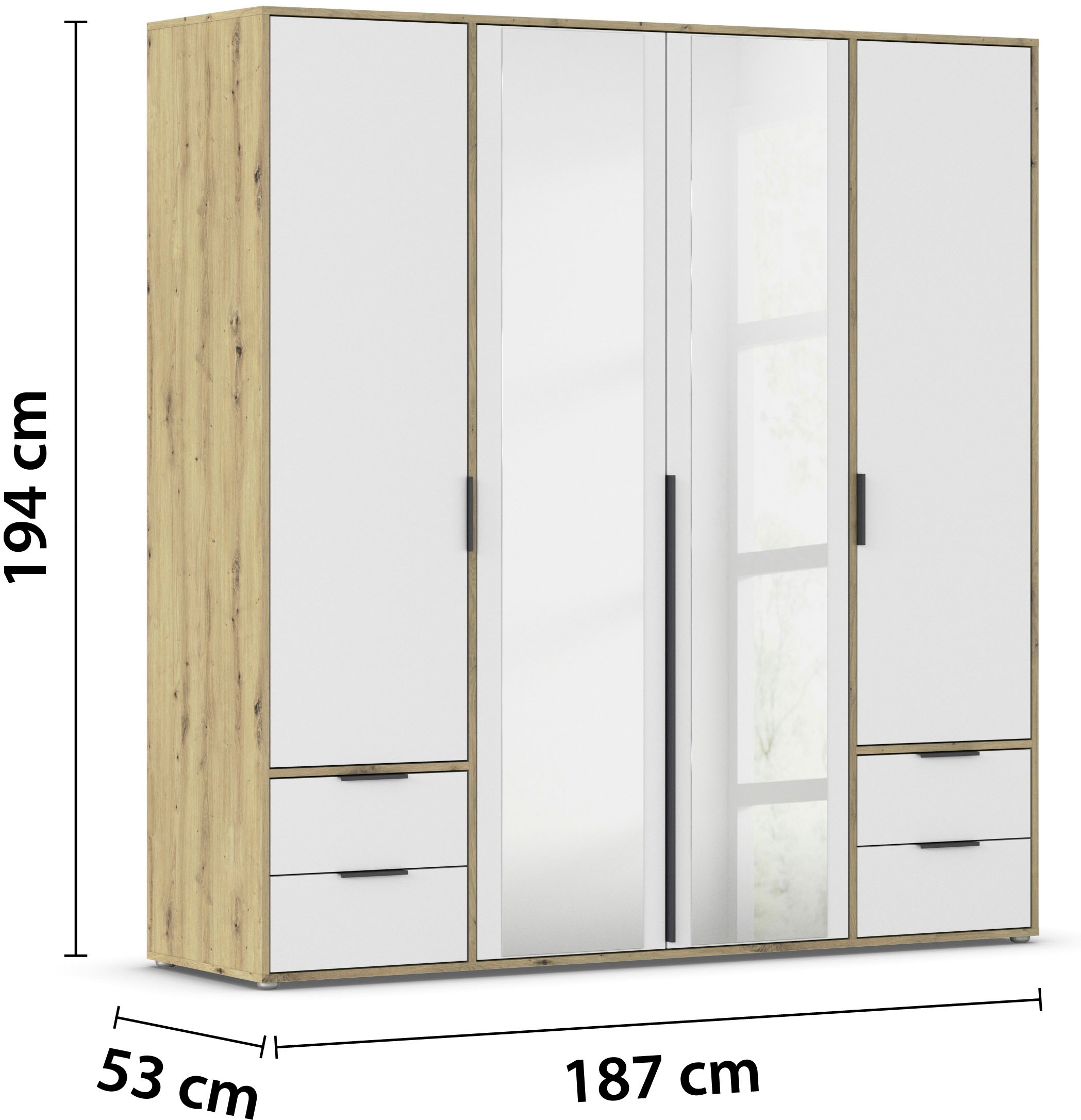 rauch Drehtürenschrank »Kleiderschrank Schrank Garderobe Wäscheschrank NAGATA mit Spiegel«, (in 3 verschiedenen Ausstattungen BASIC/CLASSIC/PREMIUM), und Schubladen sowie Stangengriffen TOPSELLER MADE IN GERMANY