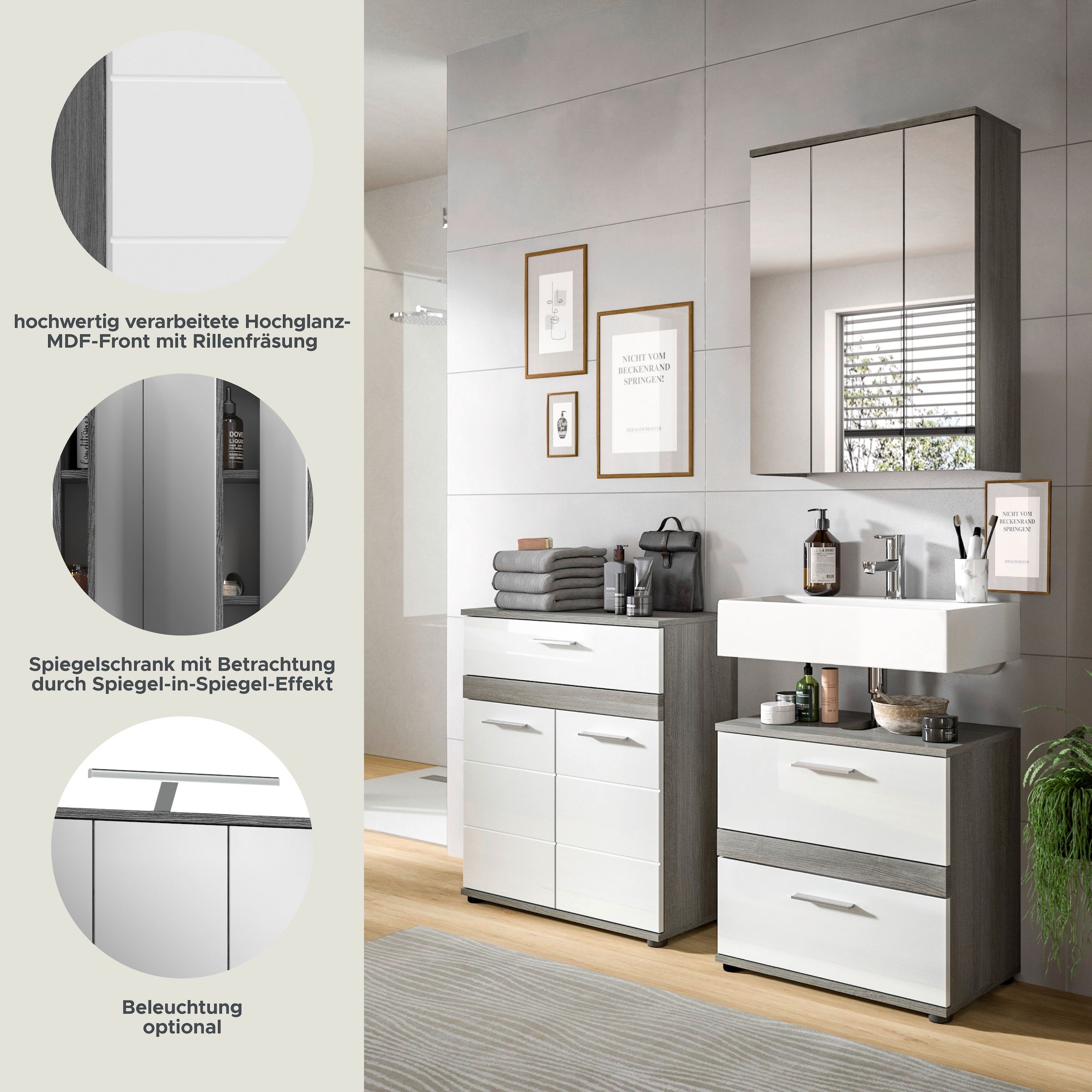welltime Badmöbel-Set »LUCCA, 3-teilig, TOPSELLER!, hochwertige MDF Front«, (Set, 3 St., best. aus: Waschbeckenunterschrank, Spiegelschrank und Midischrank), Badkombination, Bad-Möbel, Badezimmer, Kombination, Kombi