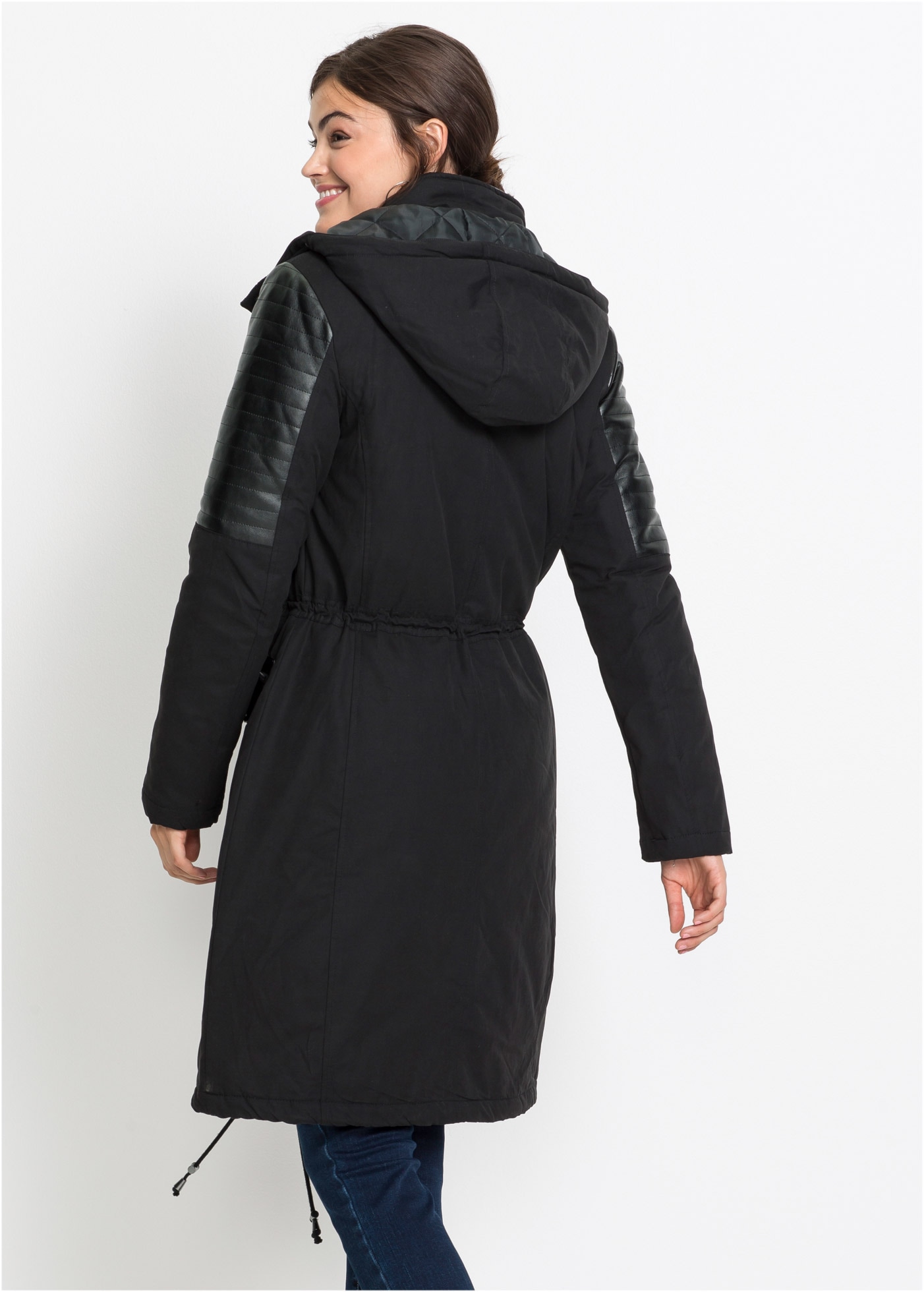 bonprix Langjacke mit Kapuze Winterjacke mit Kapuze als Long-Parka mit Lederimitateinsatz