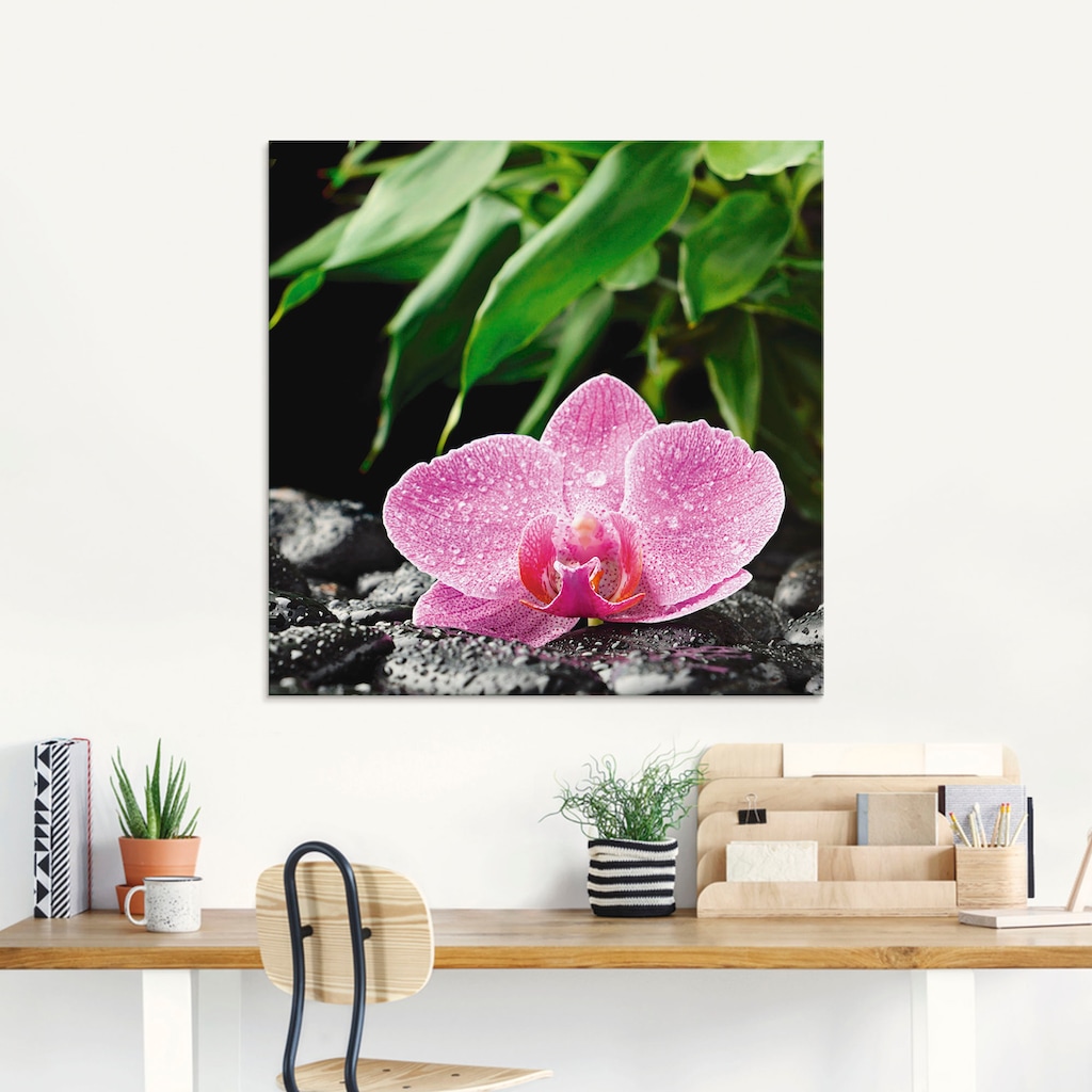 Artland Glasbild »Rosa Orchidee auf schwarzen Zen Steinen«, Blumen, (1 St.)