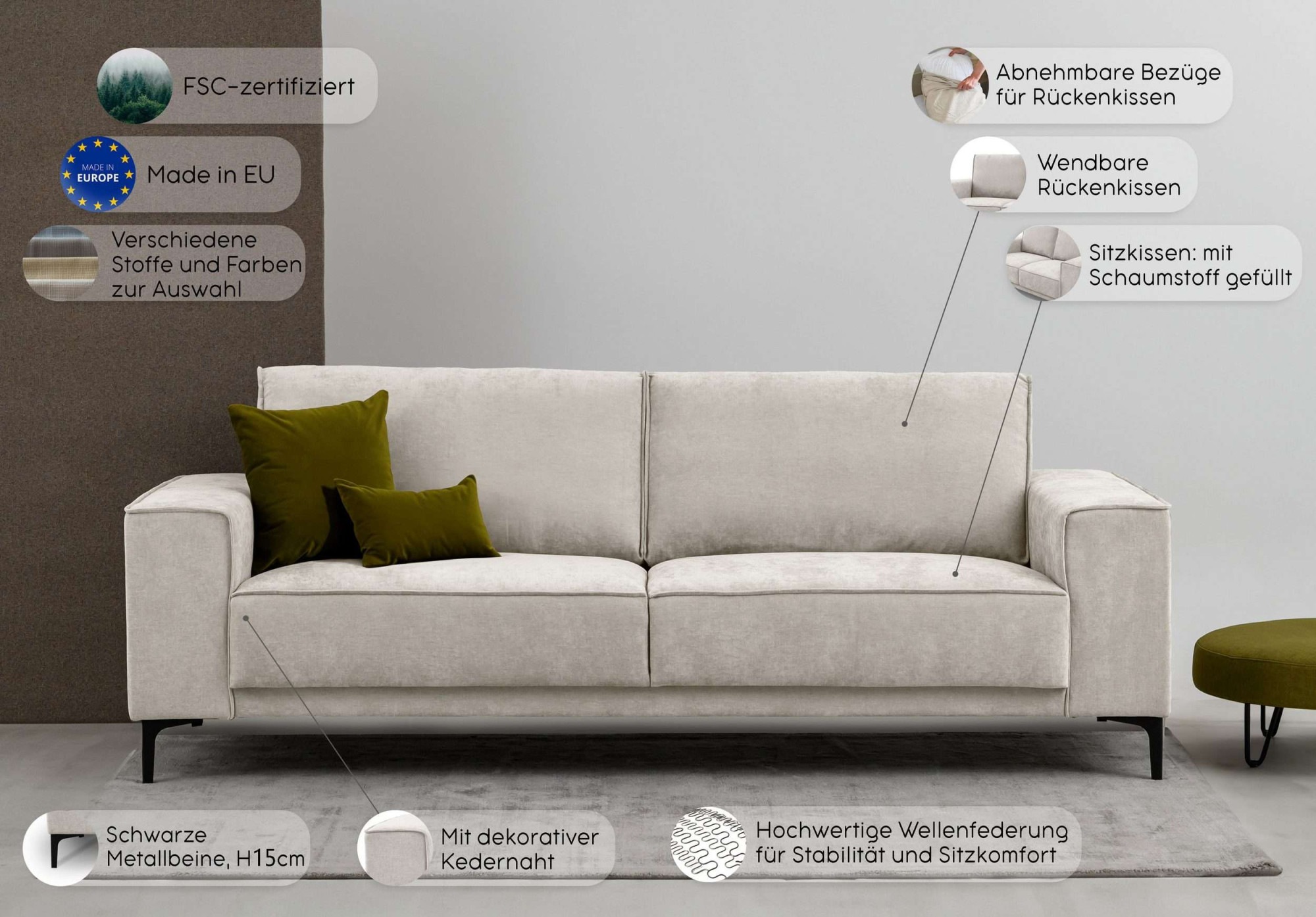 Places of Style 3-Sitzer »Oland«, 224 cm, Wellenunterfederung, Skandi-Design, Metallfüße
