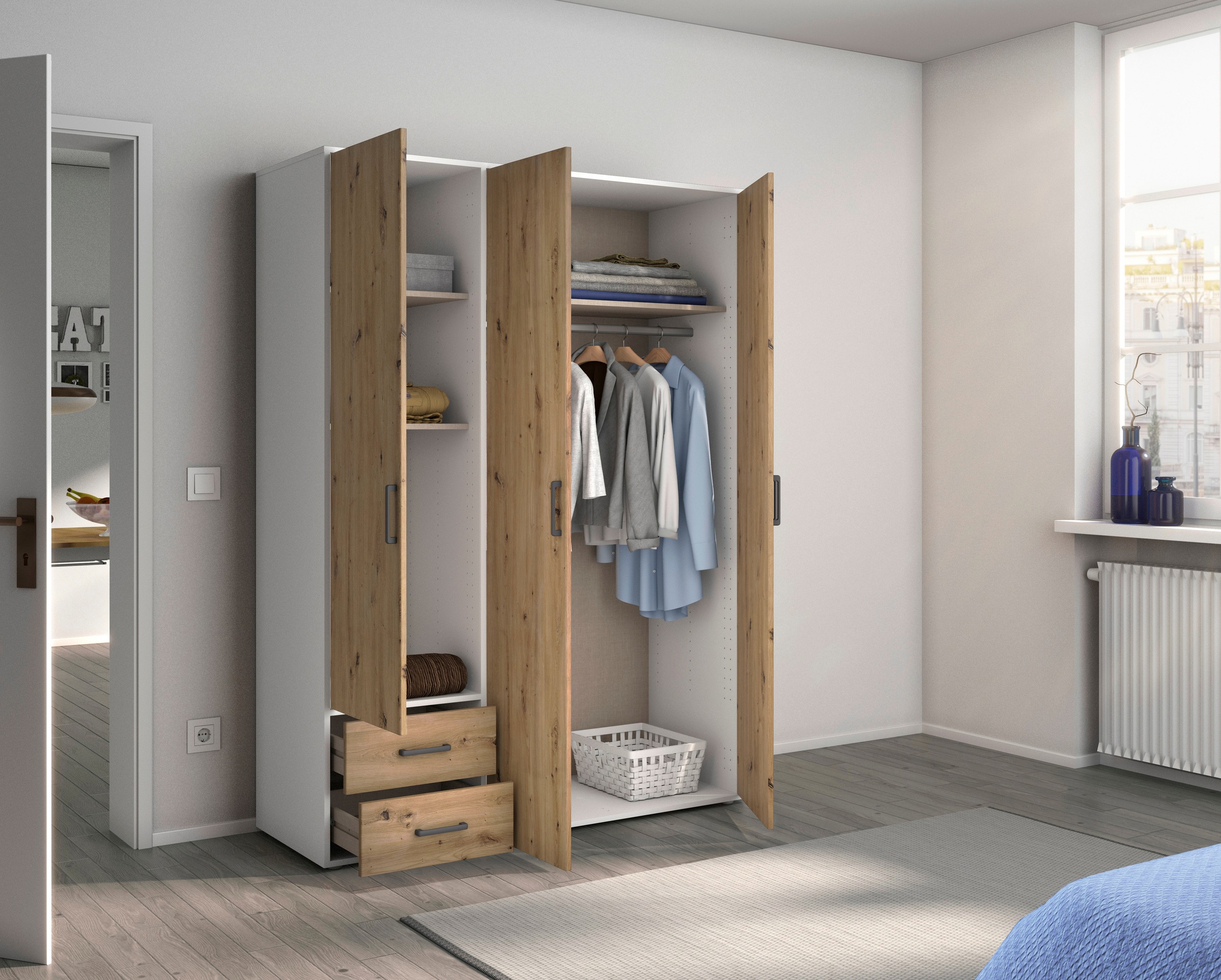 rauch Drehtürenschrank »Kleiderschrank Schrank Garderobe Wäscheschrank VOYAGER«, (in 3 verschiedenen Ausstattungen BASIC/CLASSIC/PREMIUM), moderne Griffe in Graumetallic mit Außenschubkästen MADE IN GERMANY
