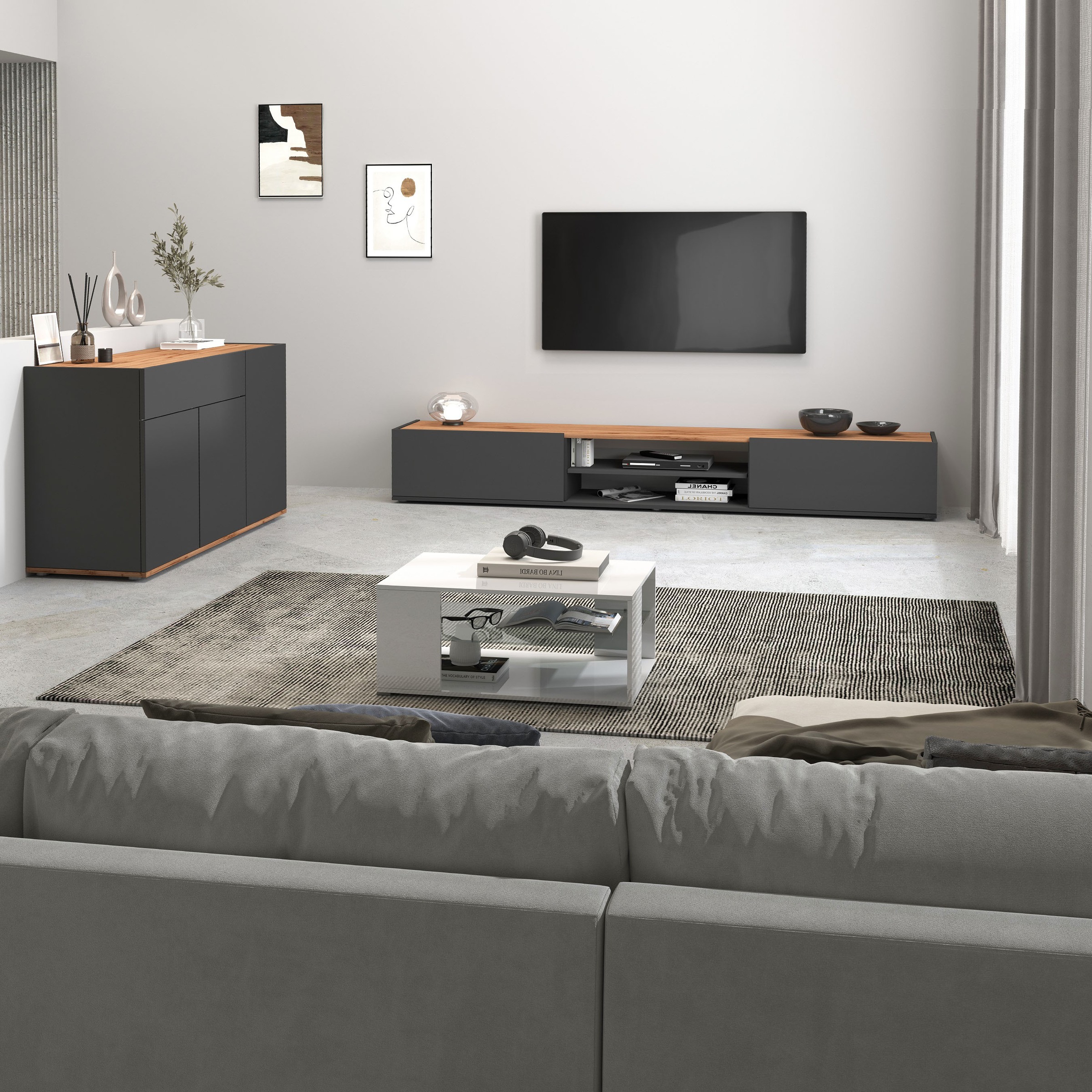 INOSIGN Lowboard »Garda,Lowboard,TV-Kommode,TV-Möbel,TV-Bank«, stehend und hängend mit 2 Klappen, 1 Einlegeboden, Breite 210 cm