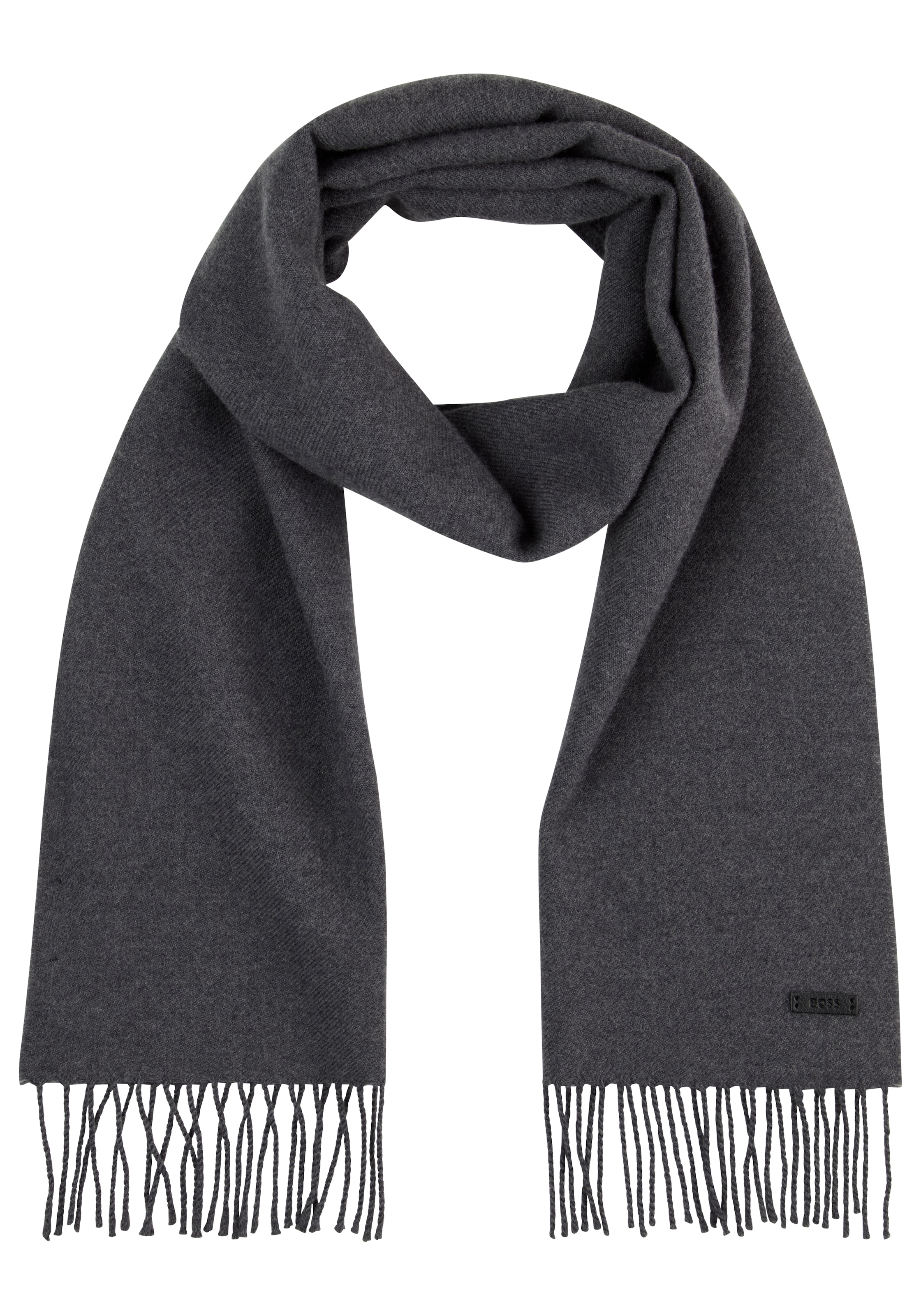 BOSS Wollschal »Naster 35*180« mit gedrehten Fransen 100% Wolle Lederlabel Premium Quality Medium Grey 030