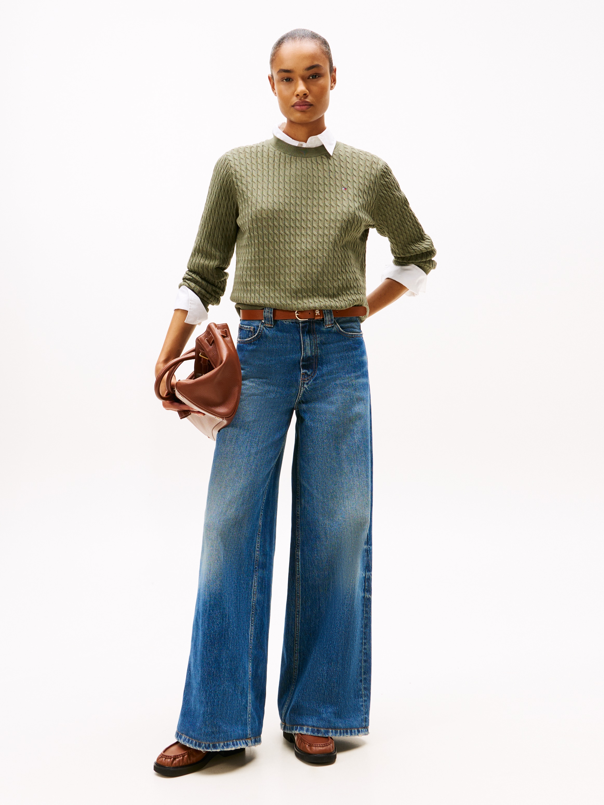 Tommy Hilfiger Rundhalspullover »CO CABLE C-NK LS SWEATER«, mit Zopfmuster