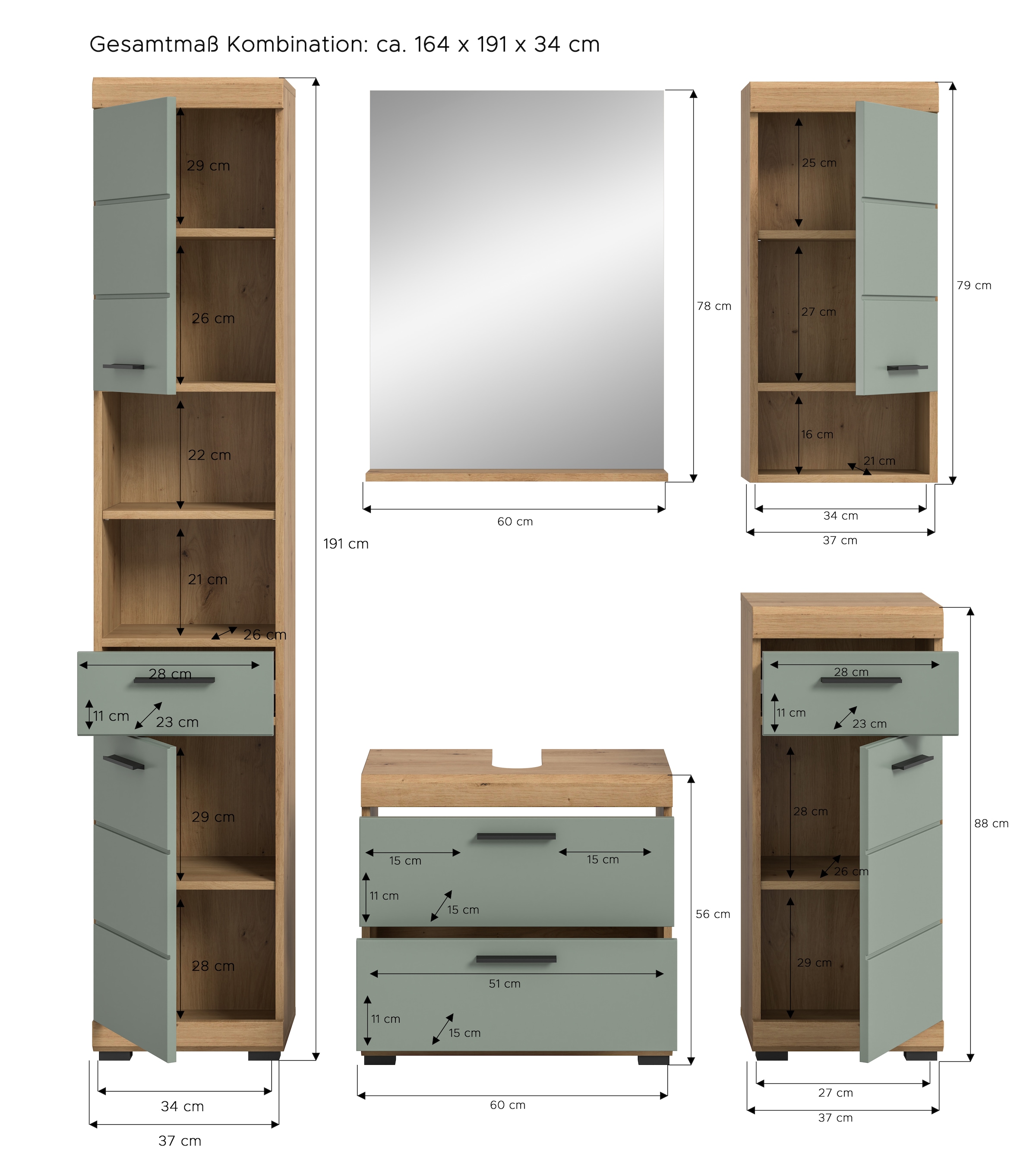 INOSIGN Badmöbel-Set »Siena, 5 teilig, bestehend aus:«, (Set), Hochschrank, WBU, Spiegel, Unterschrank, Hängeschrank