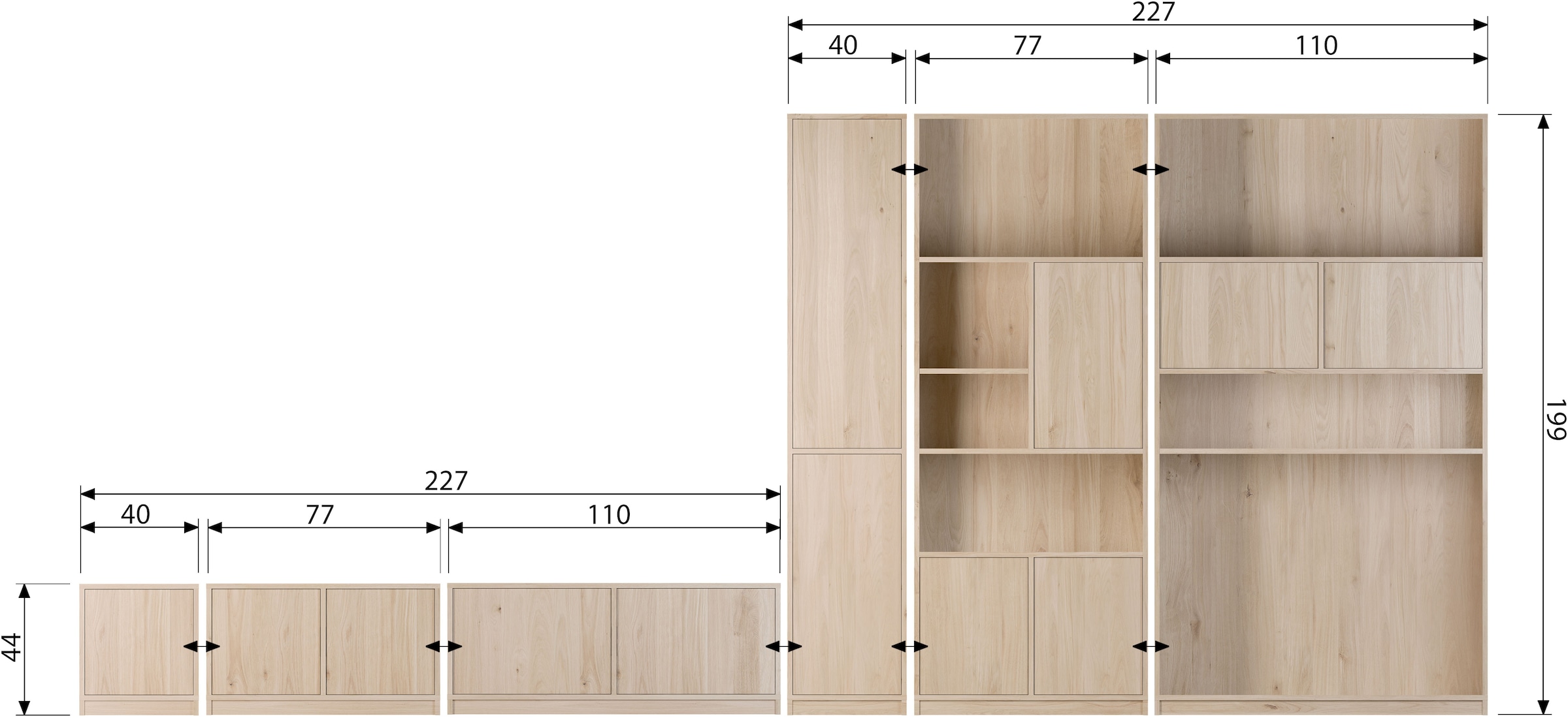 WOOOD Stauraumregal »Modulair mit FSC® Eichenfurnier und Push-to-open B110 x T40 x H199 cm« Tragkraft 15 kg pro Einlegeboden, einfach zu montieren