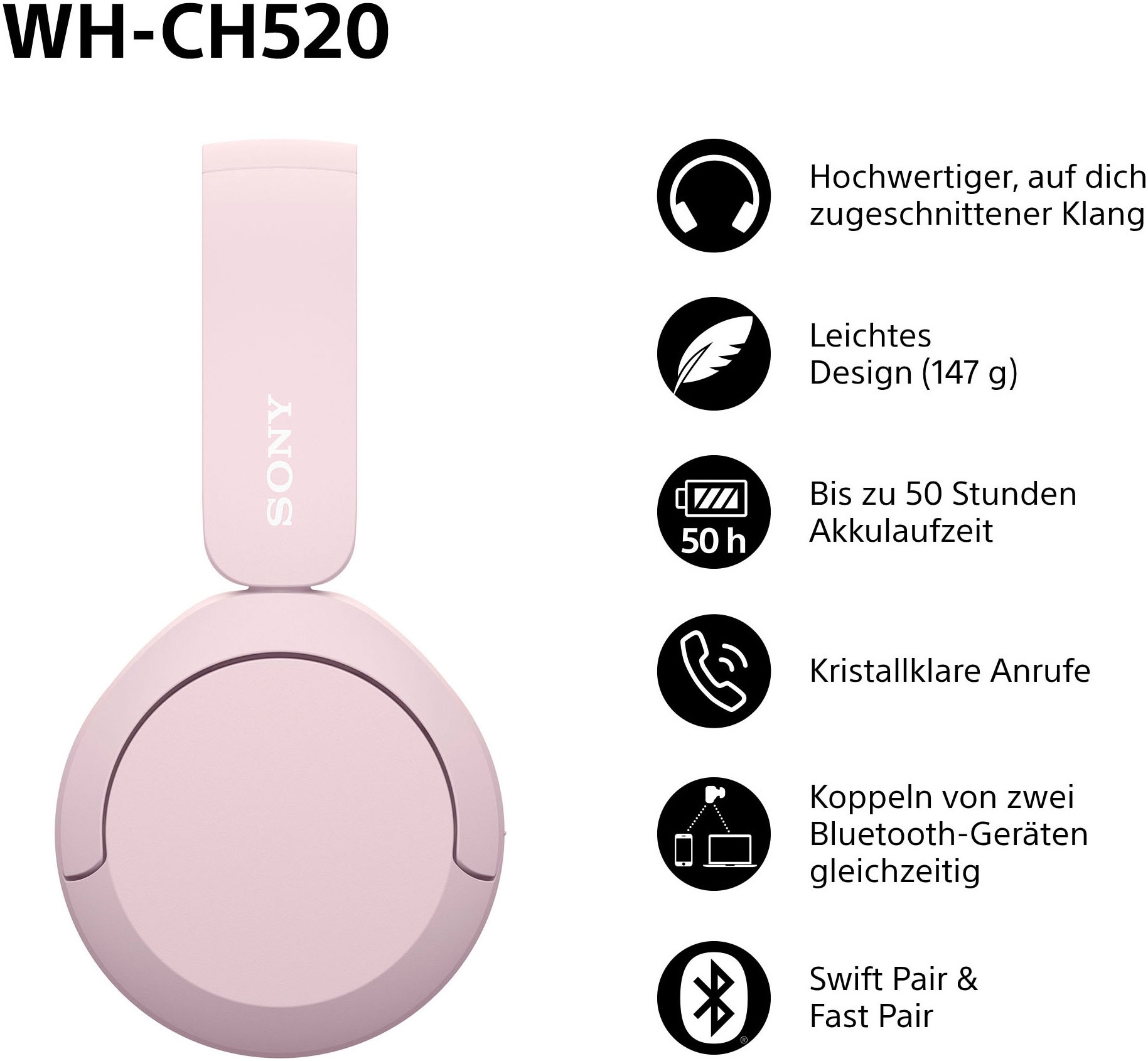 Sony Bluetooth-Kopfhörer »WHCH520«, Bluetooth, Noise-Cancelling-Active Noise Cancelling (ANC)-Freisprechfunktion-Rauschunterdrückung-Sprachsteuerung-kompatibel mit Siri, 200 Std. Max. Akkulaufzeit (Standby)