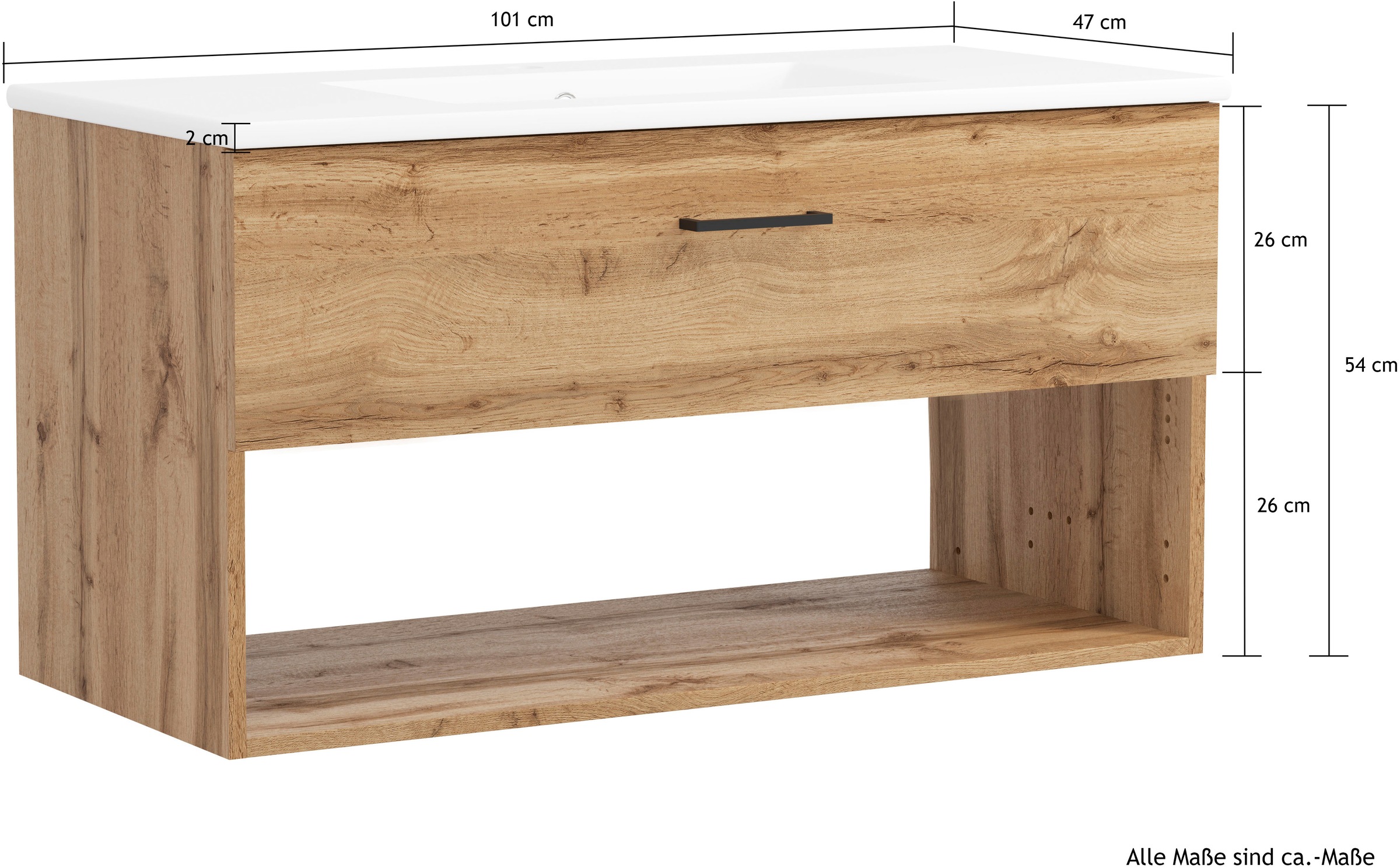 welltime Waschtisch »Trento Light, 60cm, 80cm, 100cm, Keramik-Auflagebecken«, 1 Auzug und 1 offenes Fach