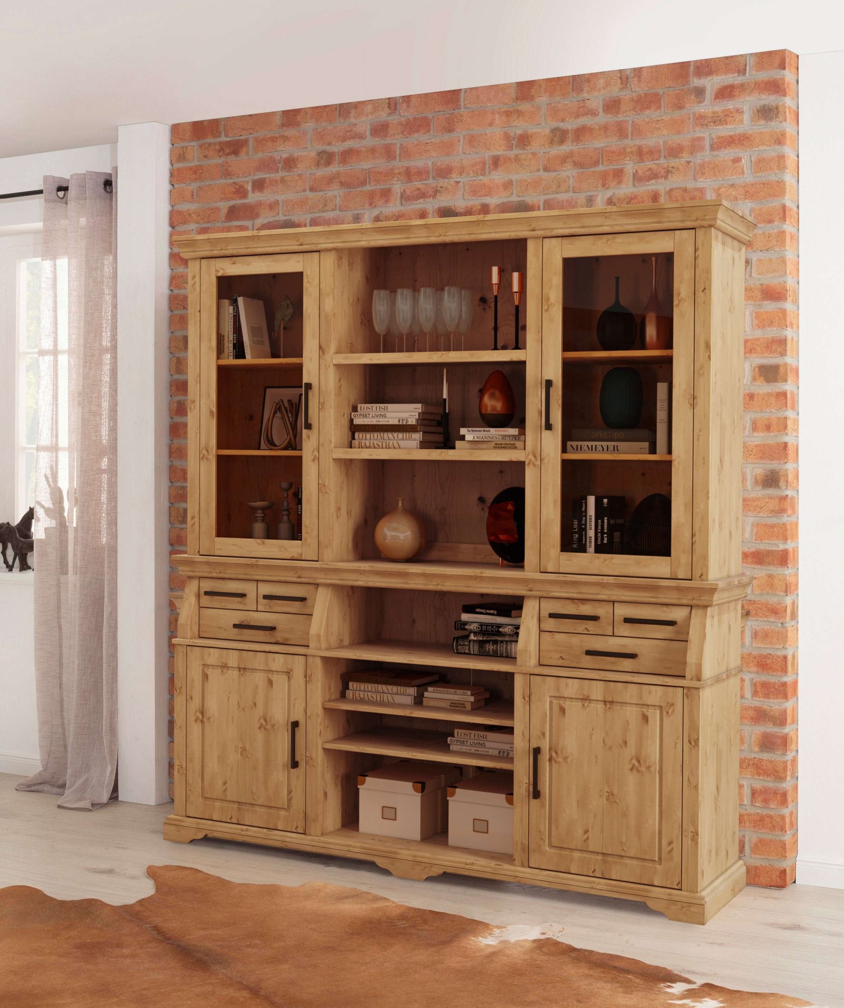 Home affaire Buffet »Anabel, mit Glastüren und schwarzen Metallgriffen«, zertifiziertes Massivholz, Breite 186 cm, Höhe 199 cm