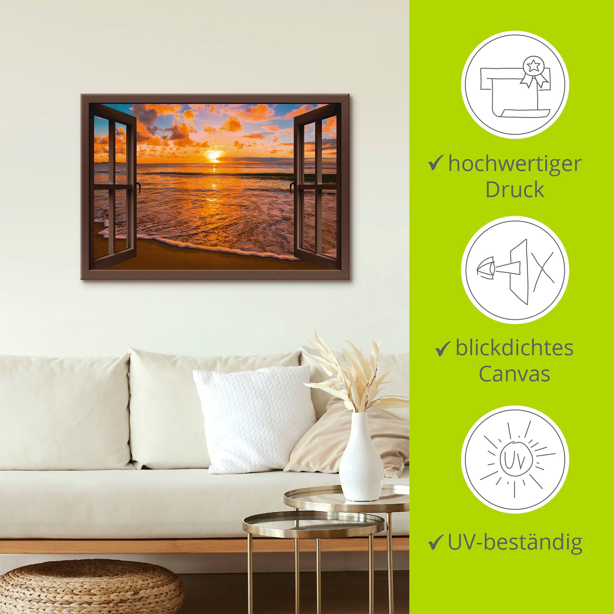 Artland Wandbild »Fensterblick Sonnenuntergang am Strand«, Sonnenaufgang & -untergang, (1 St.), als Leinwandbild, Poster, Wandaufkleber in verschied. Größen