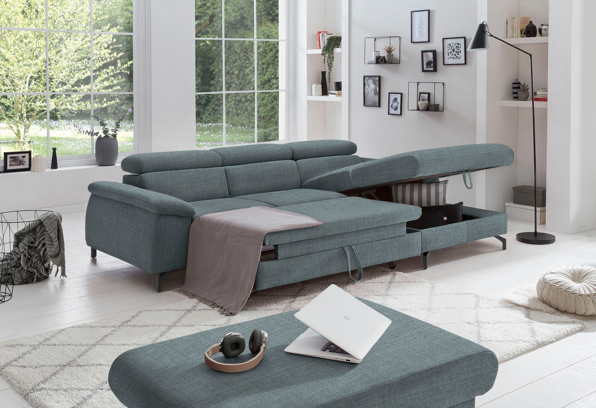 COTTA Polstergarnitur »Komaris L-Form«, (Set), Set bestehend aus: Ecksofa mit Kopfteilverstellung & Hocker