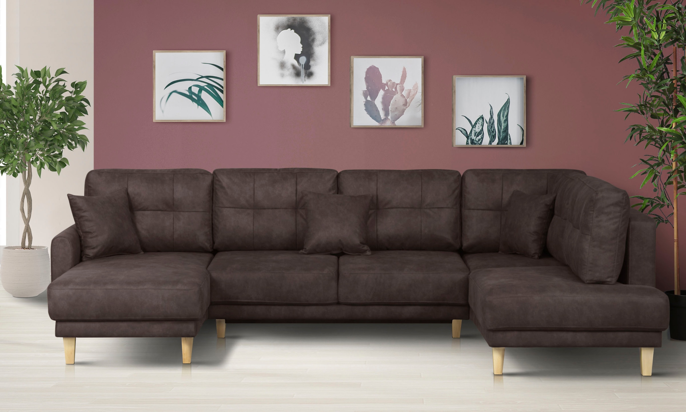 Home affaire Wohnlandschaft »TRIPLO U-Form wahlweise mit Schlaffunktion, B/T/H: 310/192/90 cm«, Schlafsofa, auch mit Bettkasten, Steppung im Rückenkissen