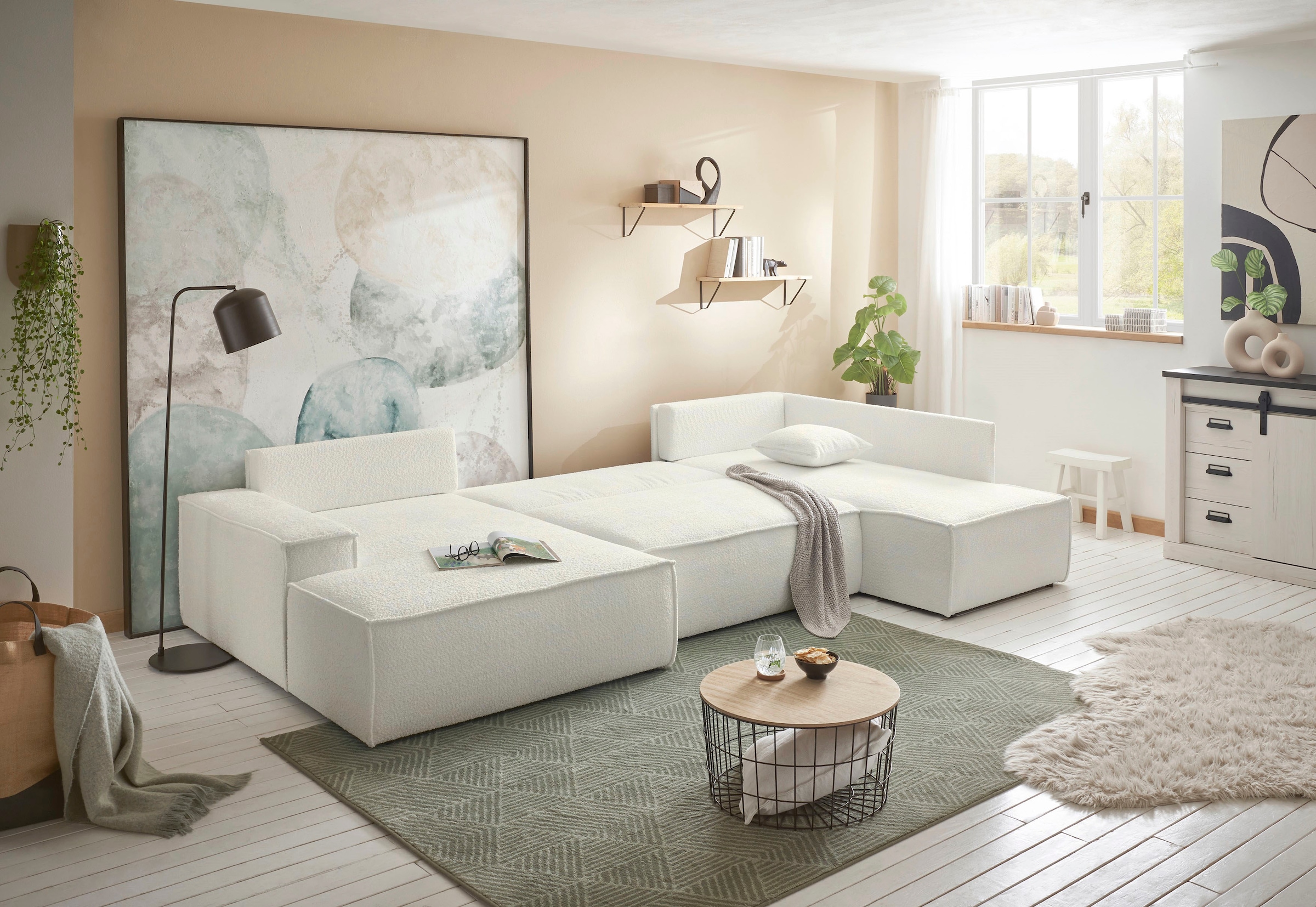 andas Wohnlandschaft »FINNLEY U-Form XXL 329 cm, Schlafsofa, Schlaffunktion m. Bettkasten«, (194/139 cm), Bouclé, Struktur und Cord