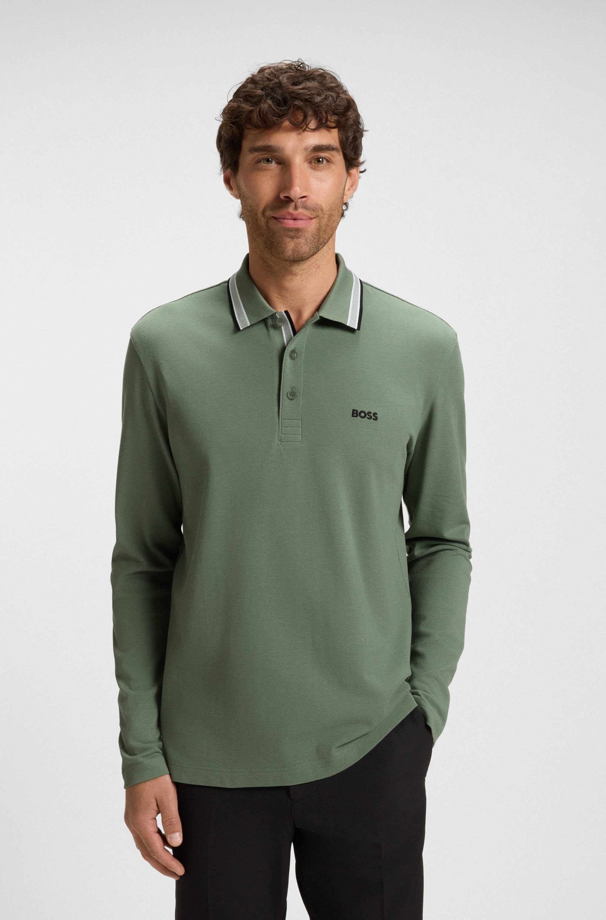 BOSS GREEN Langarm-Poloshirt »Plisy« mit Streifen am Kragen