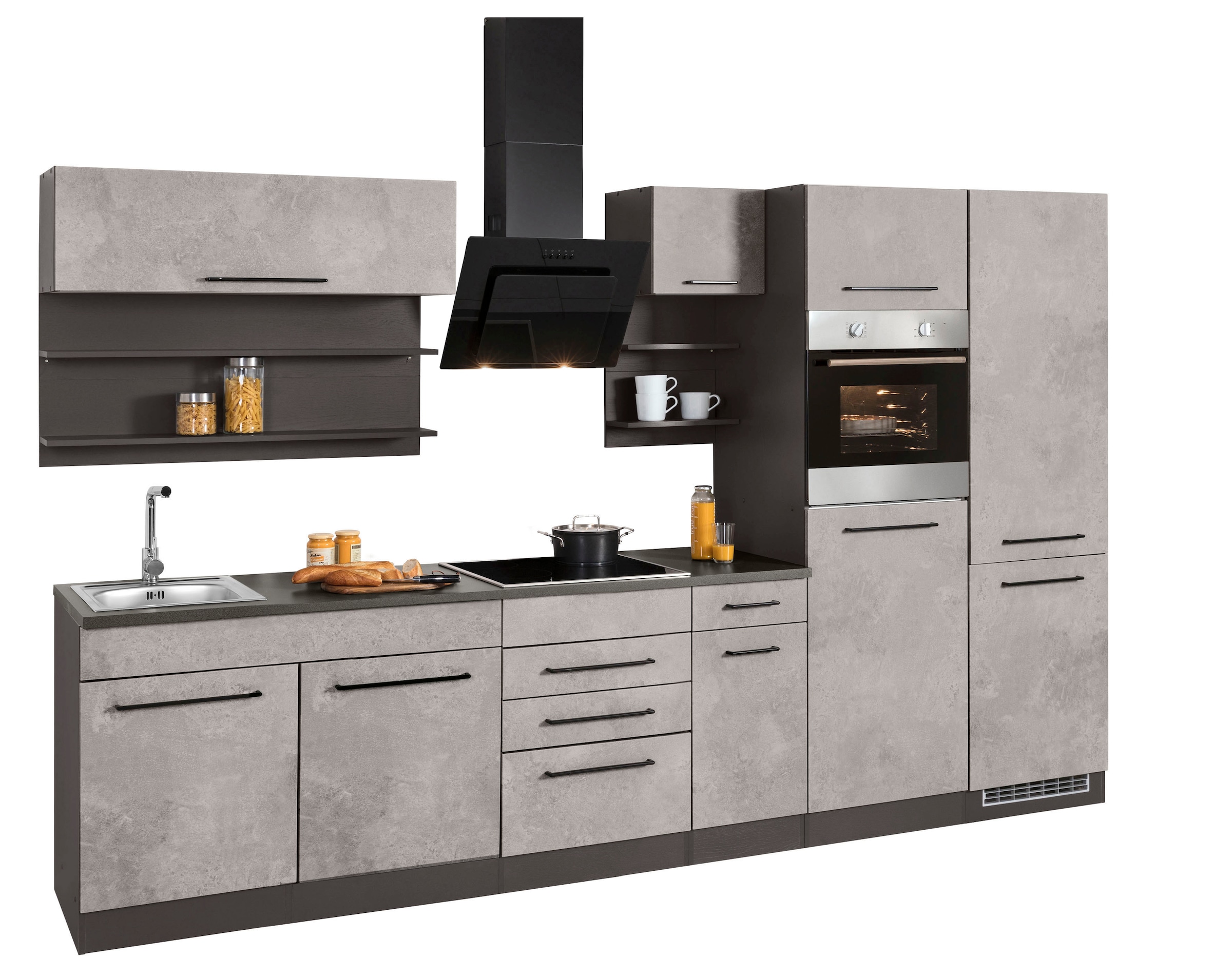 KOCHSTATION Küchenzeile »KS-Tulsa«, ohne E-Geräte, Breite 330 cm, schwarze Metallgriffe, MDF Fronten
