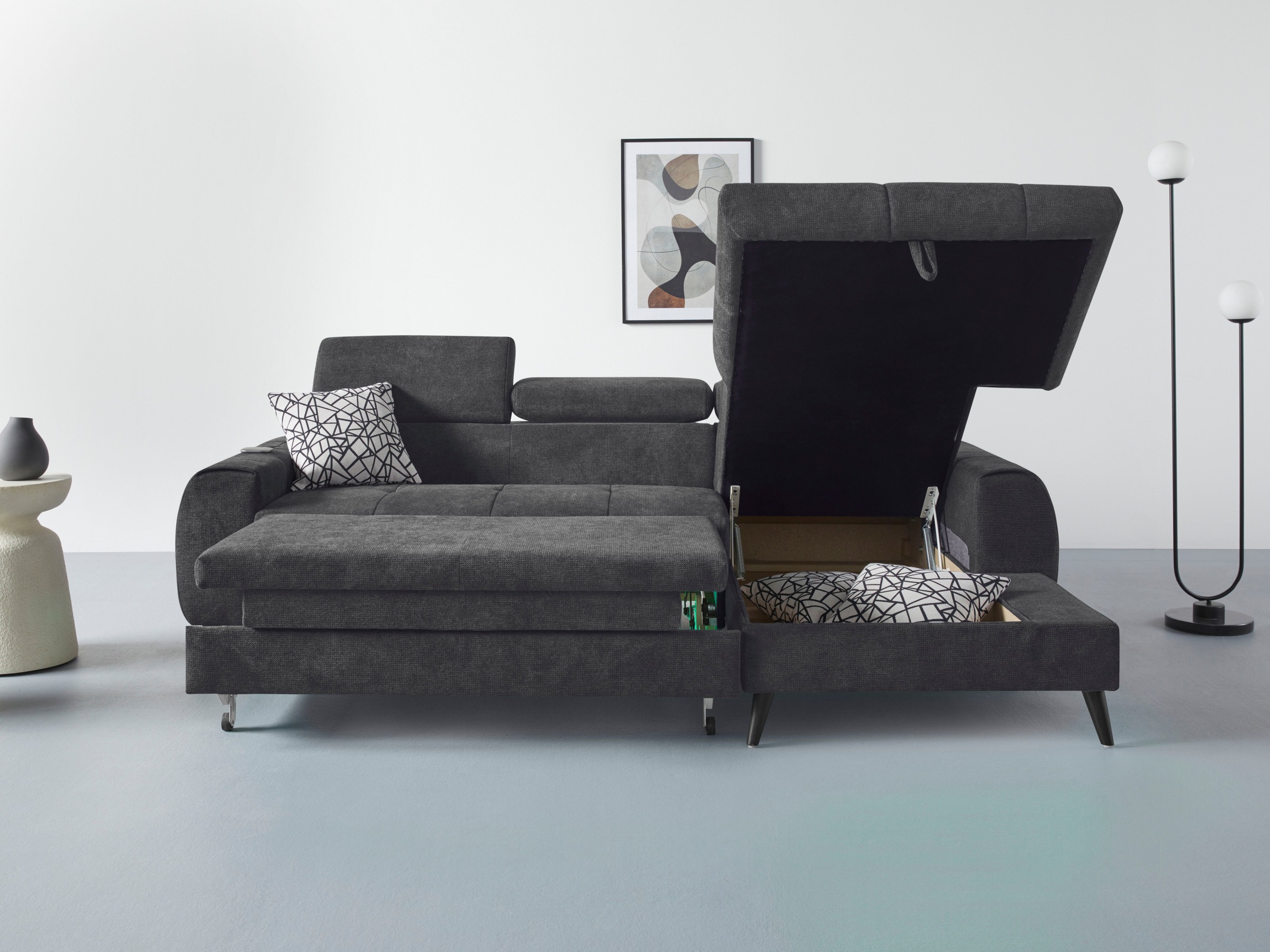 COTTA Ecksofa »Mia L-Form mit 3 Zierkissen«, wahlweise mit Bettfunktion, Bettkasten, Beleuchtung & Wireless-Charger