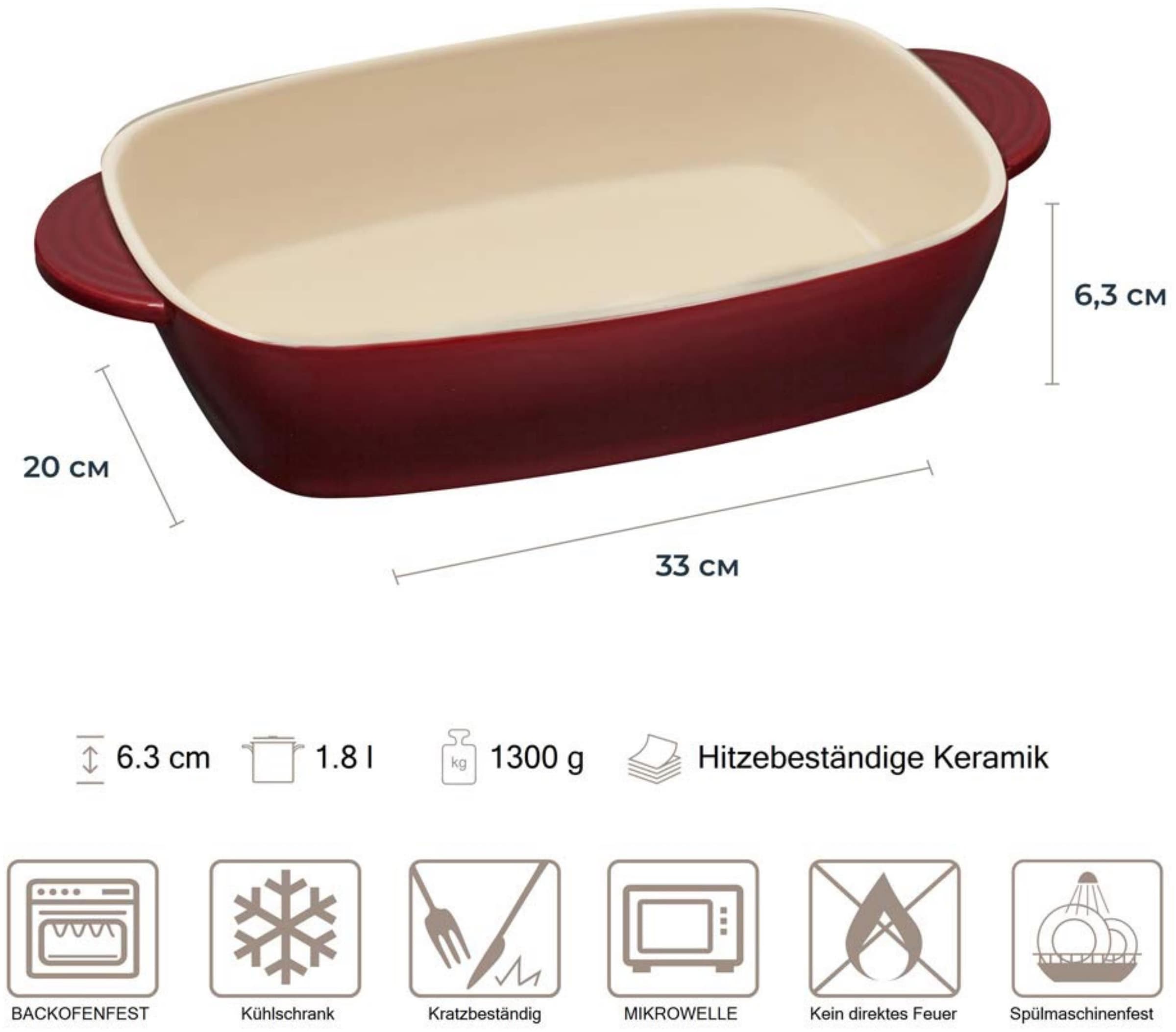 RESTO Kitchenware Auflaufform »Fornax Backform Lasagneform Ofenform Spülmaschinengeeignet«, Keramik, (1 St.), Rechteckig aus Keramik, rot, in 2 Größen, für Brot, Lasagne, Brownie