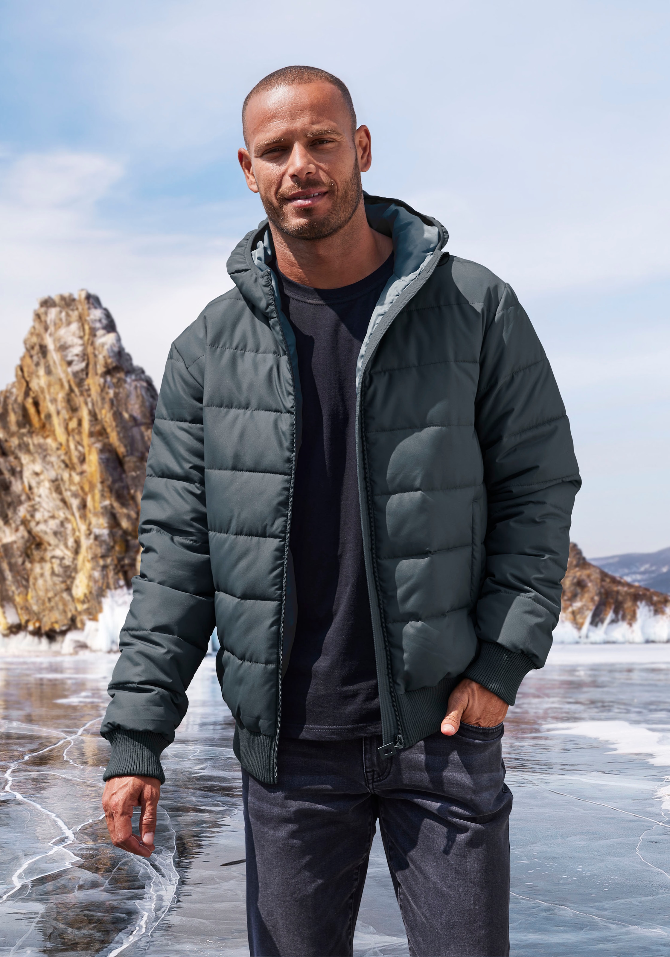 John Devin Steppjacke, mit Kapuze, Outdoorjacke mit Strickbündchen