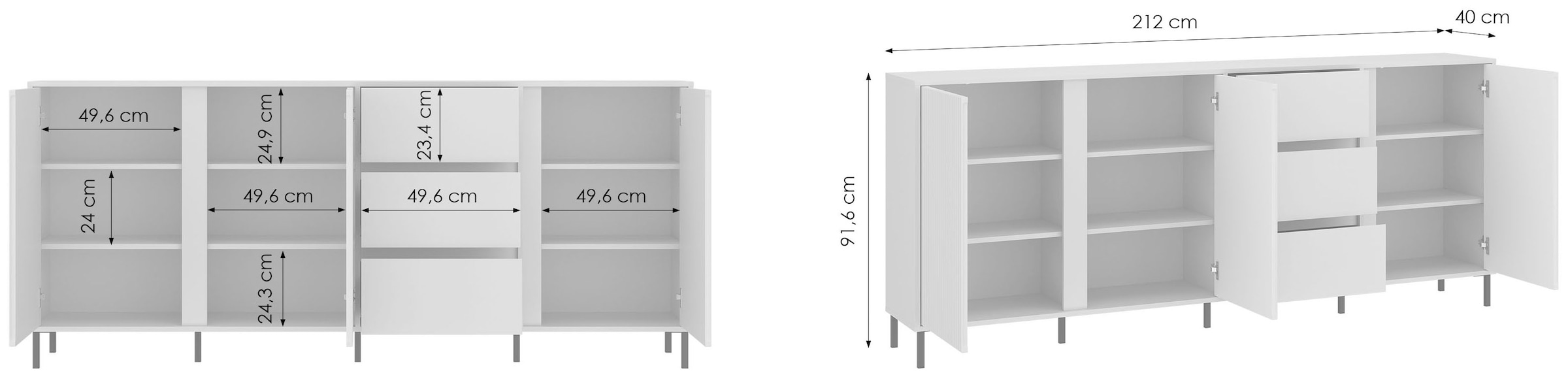 Home affaire Sideboard »AVENALE« Sideboard mit Metallfüßen, Breite 212 cm, Fronten geriffelt