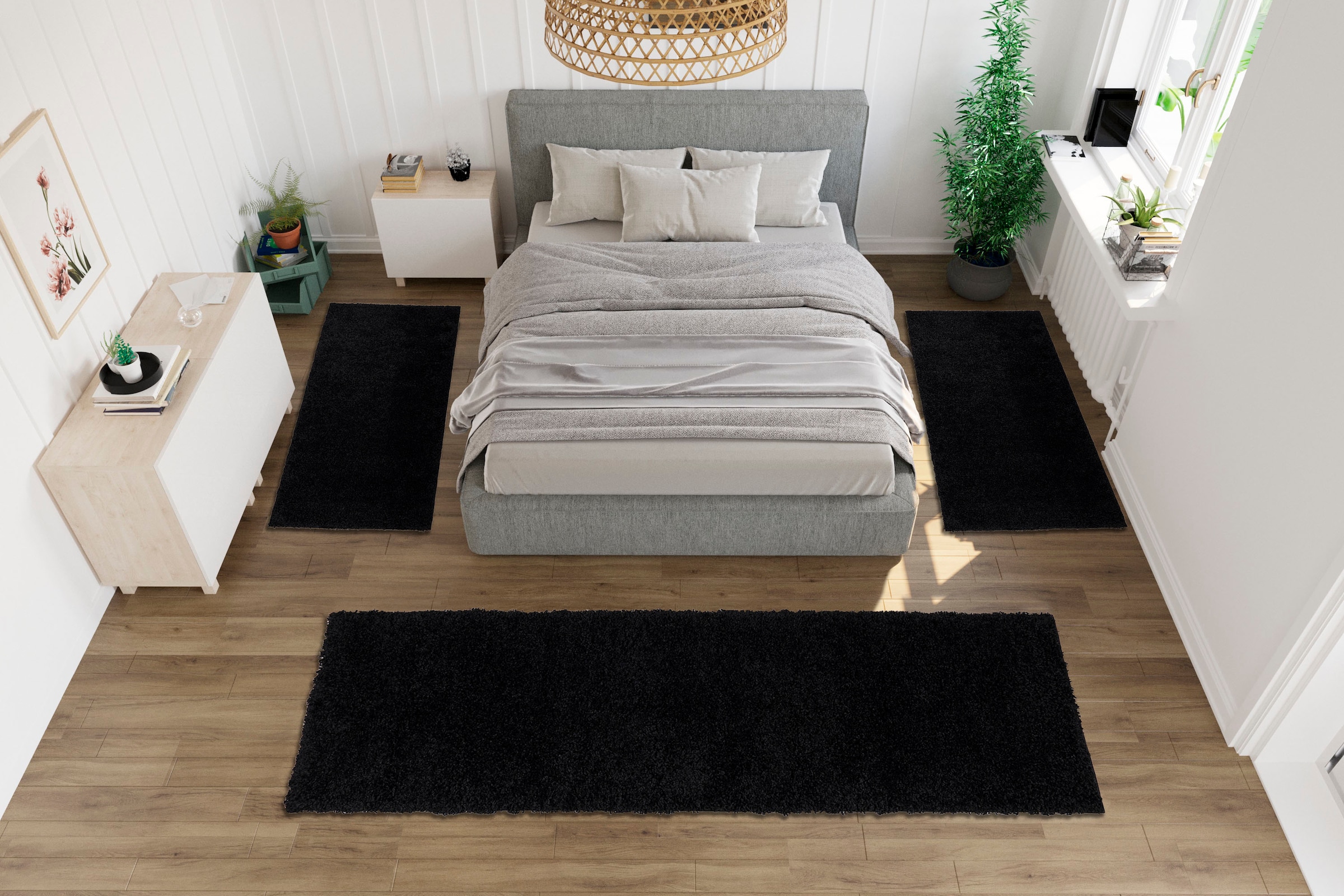 Bruno Banani Bettumrandung »Shaggy Soft«, (3 tlg.), gewebt, Uni-Farben, besonders weich, Bettvorleger, Läufer-Set