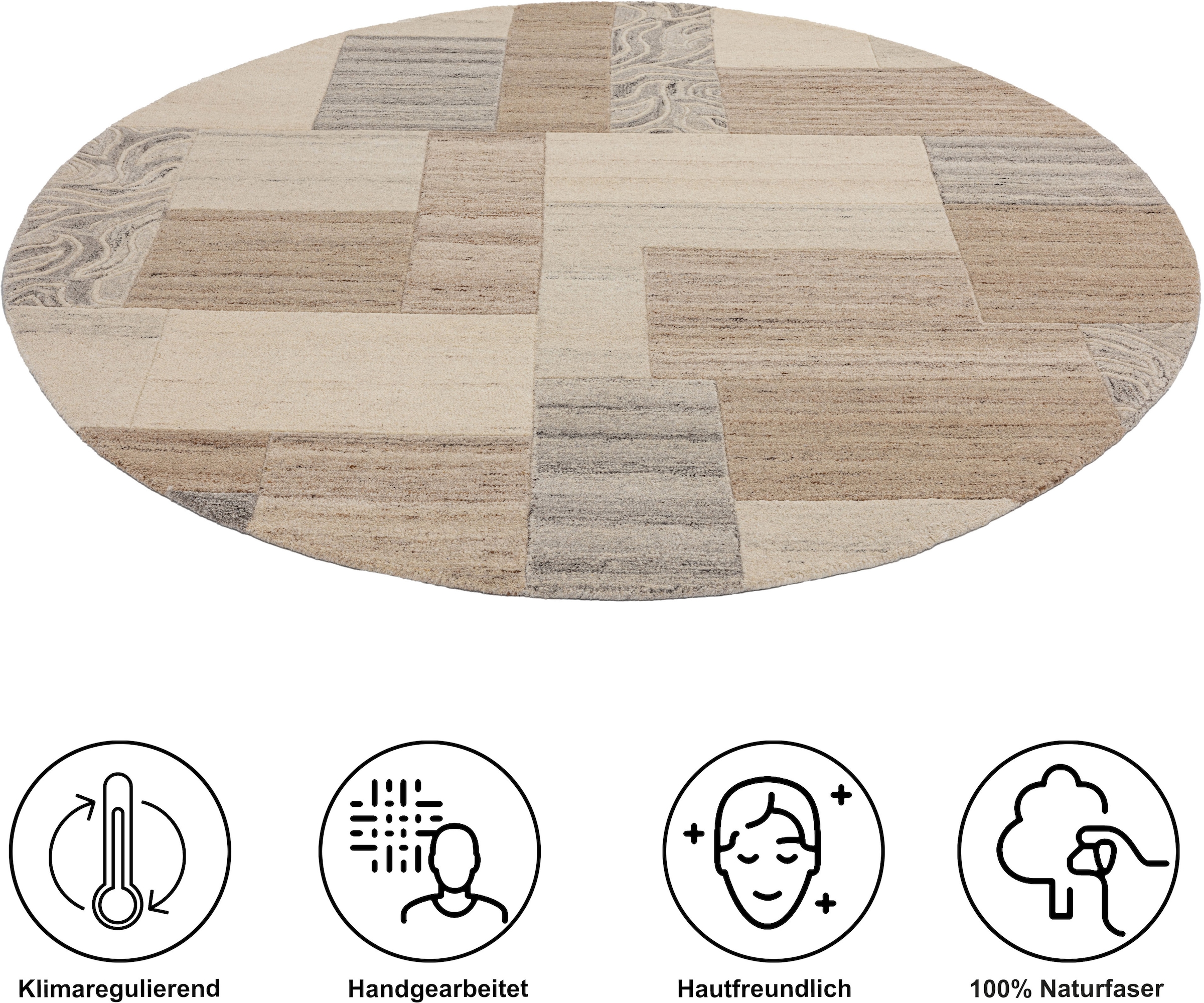 THEKO Wollteppich »Lola,  Wolle, handgearbeitet, Patchwork Design« rund 12 mm Höhe handgetuftet, Wohnzimmer, Schlafzimmer, Esszimmer