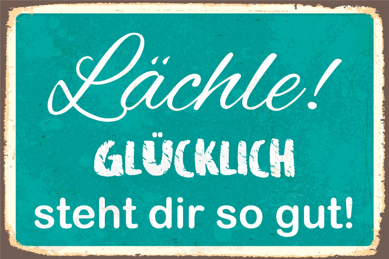 queence Metallbild »Glücklich«, Schriftzüge-Schriftzug, (1 St.), Stahlschild, Blechschild, Sprüche, Texte, Lachen, Glücklich