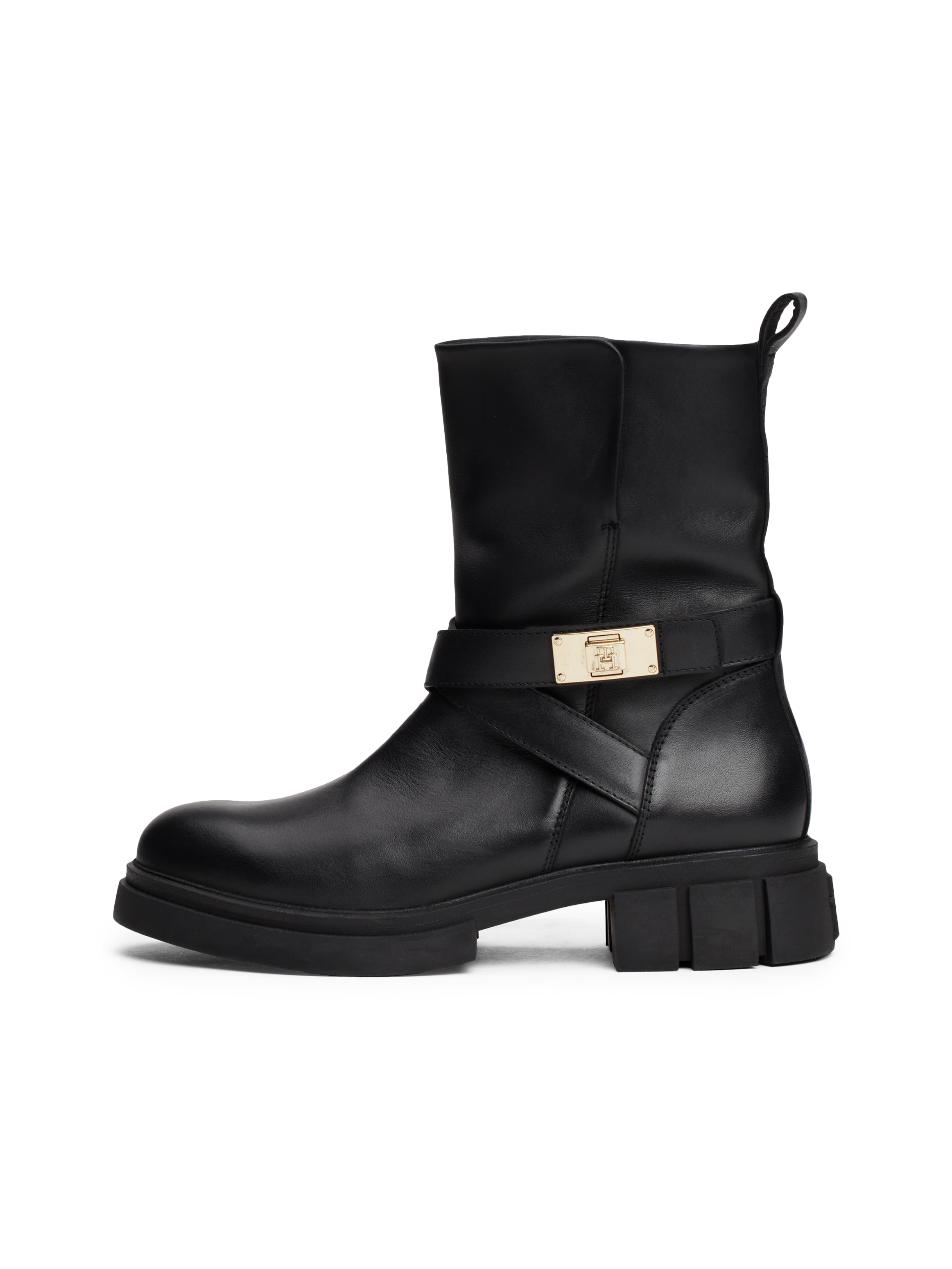 Tommy Hilfiger Bikerboots »BIKER LEATHER«, Blockabsatz, Stiefelette, Boots mit goldfarbenem Schmuckelement