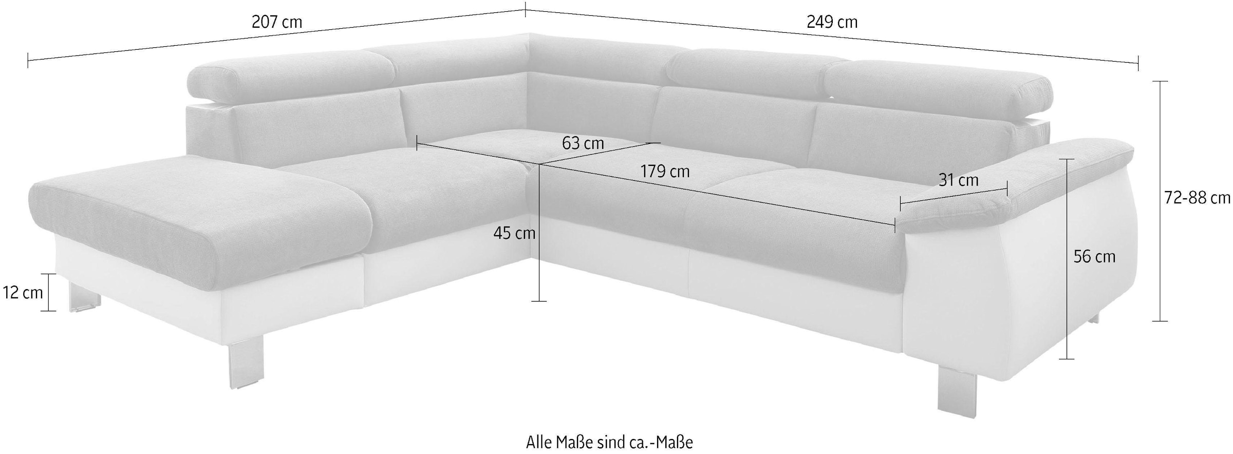 COTTA Ecksofa »Komaris L-Form mit Kopfteilverstellung«, wahlweise mit Bettfunktion, Bettkasten & Beleuchtung