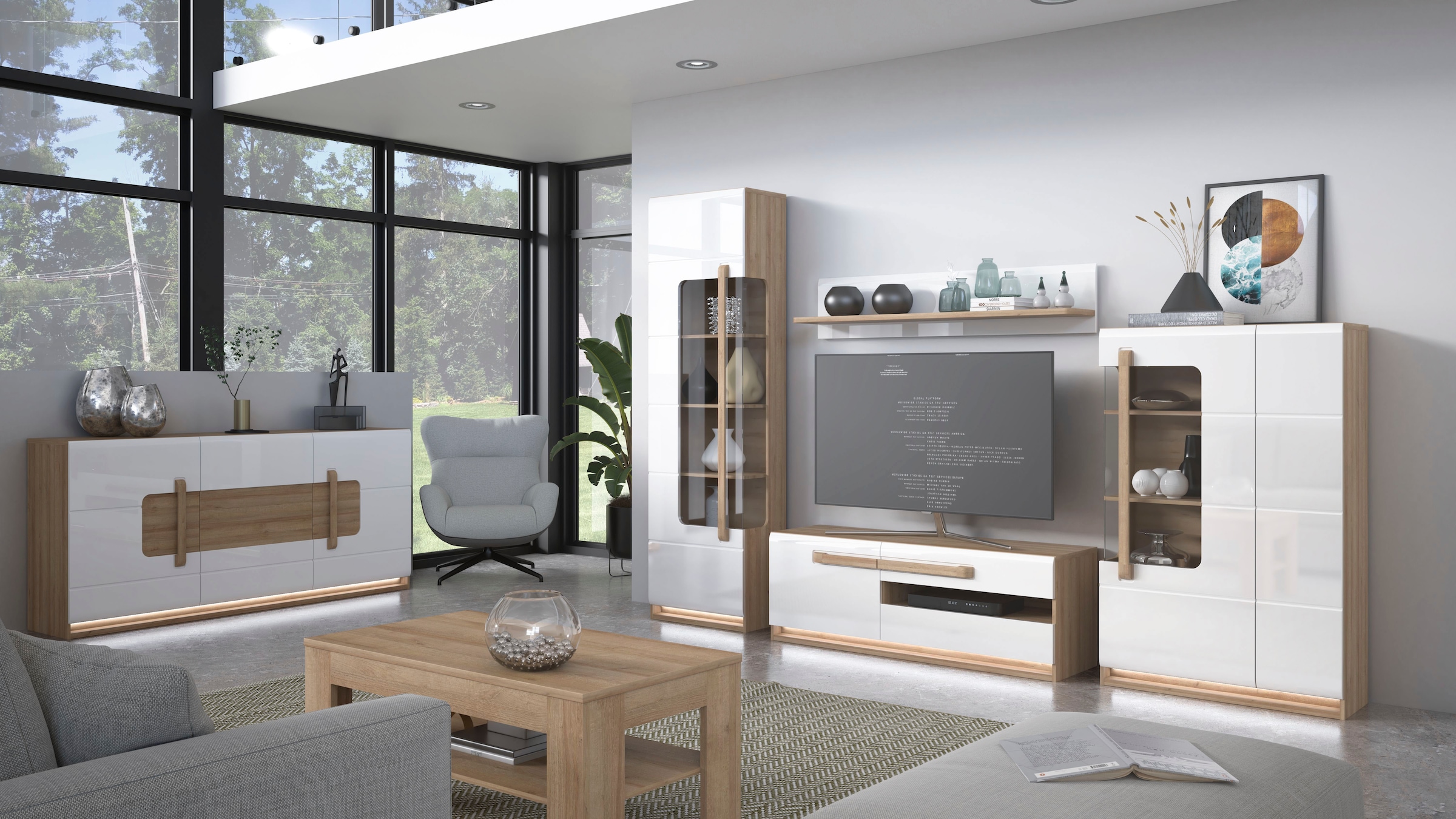 FORTE Sideboard »Attention«, (3 Türen, 7 Fächer und integrierter Schubkasten), Sideboard, Beleuchtung, Soft Close, Stauraum, Breite 194,6cm
