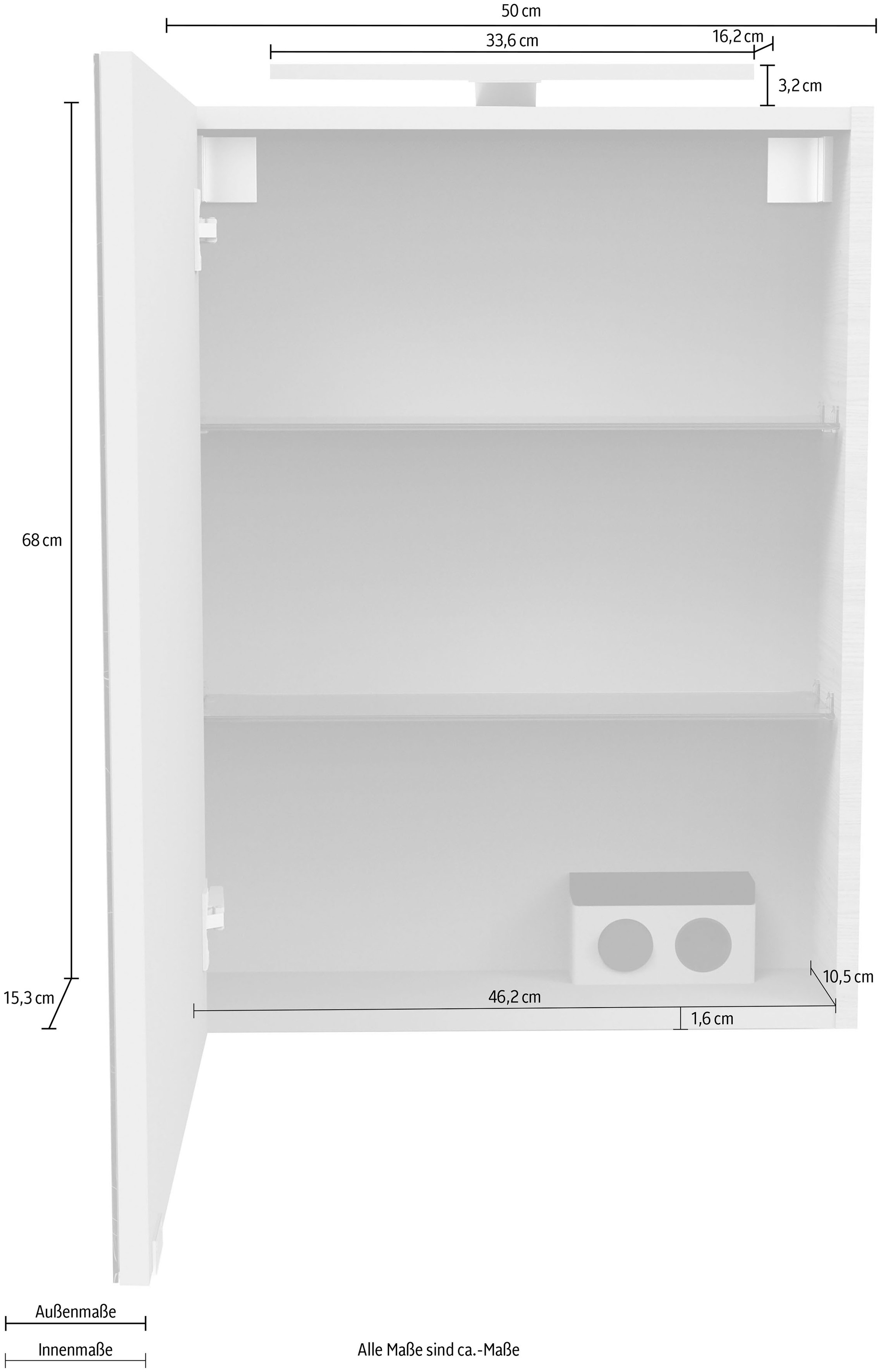 FACKELMANN Spiegelschrank »SBC«, (Spiegelschrank mit LED-Aufsatzleuchte), Aufsatzleuchte, Schalter und Steckdose, Breite 50cm, Anschlag links