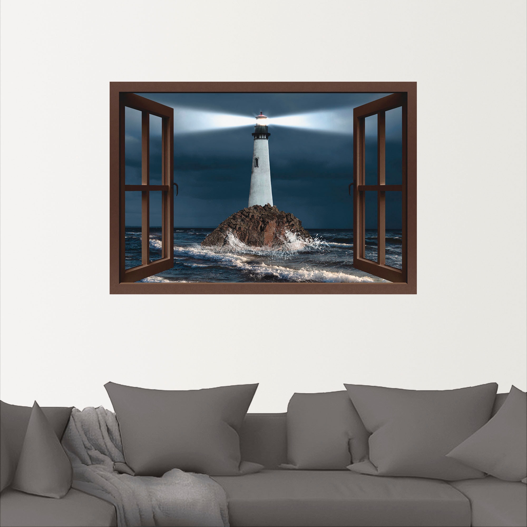 Artland Wandbild »Fensterblick Leuchtturm mit Lichtstrahl«, Gebäude, (1 St.), als Leinwandbild, Wandaufkleber in verschied. Größen